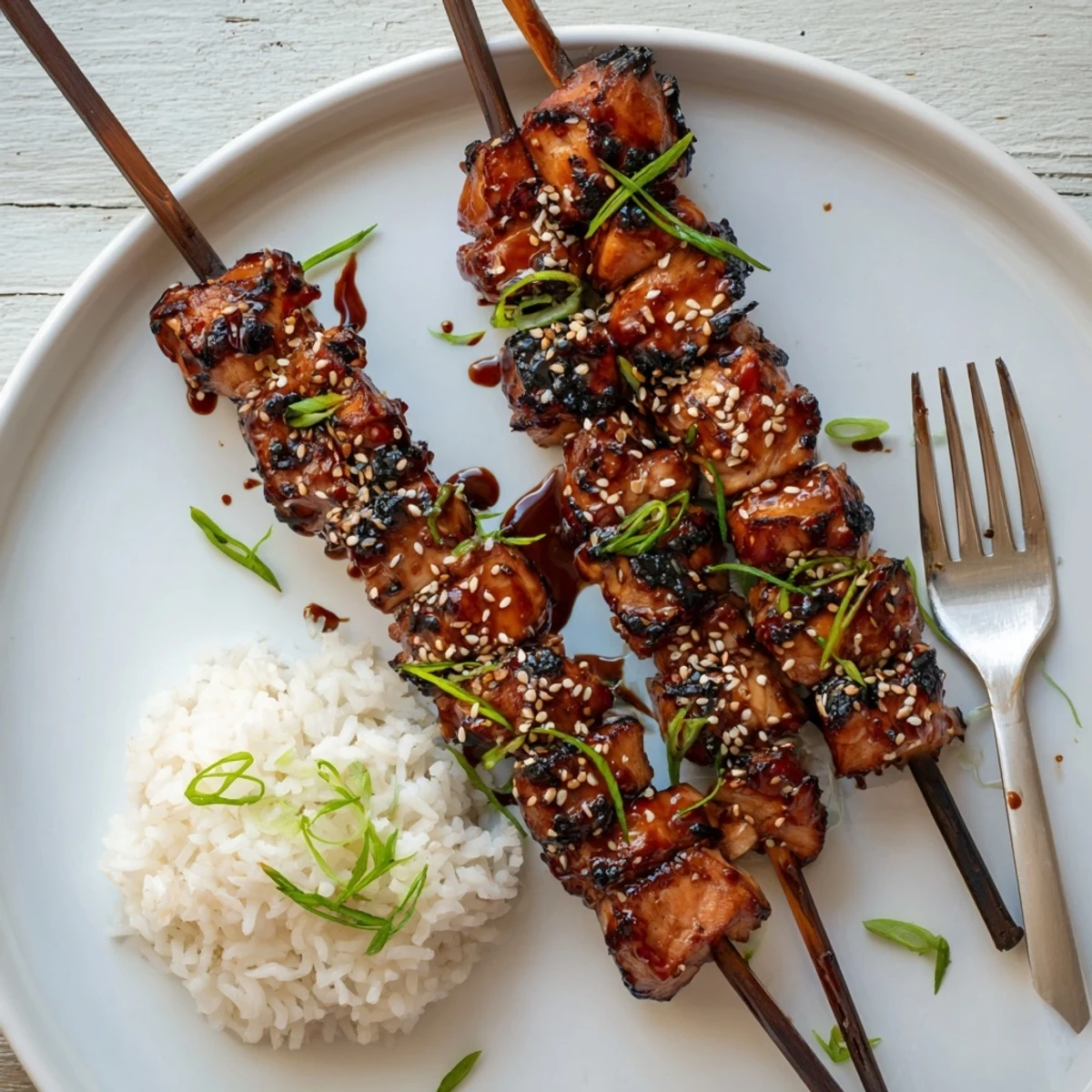 Broiled Teriyaki Chicken Skewers marinated, honey-salty aroma rising, plated hot