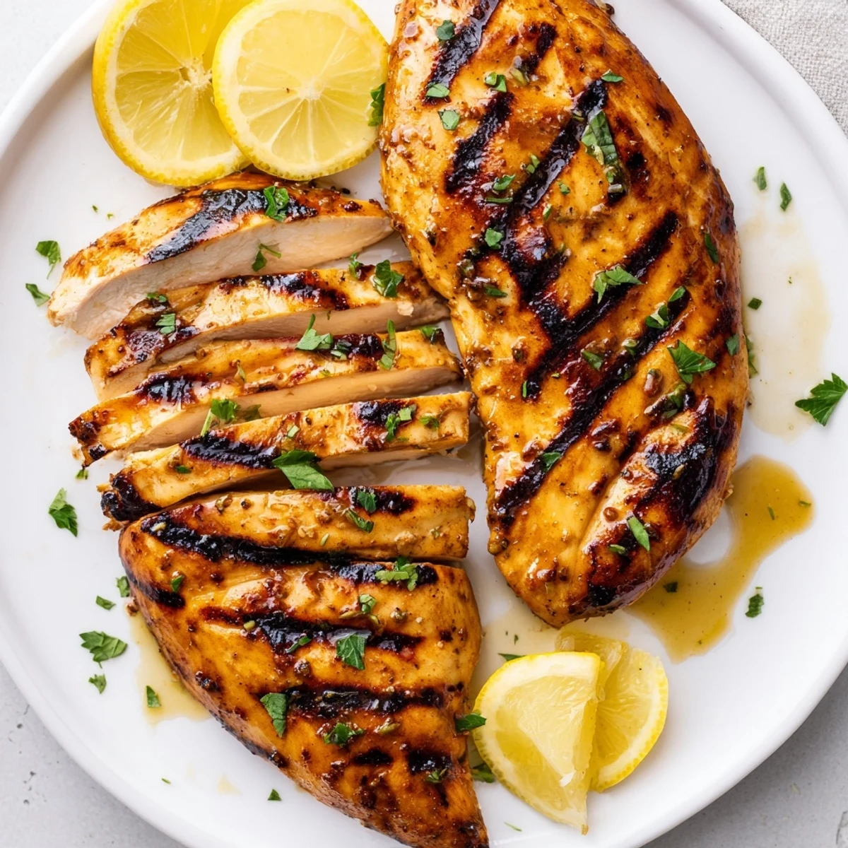 Grilled Chicken glistening with lemon-herb marinade, sliced on wooden plank
