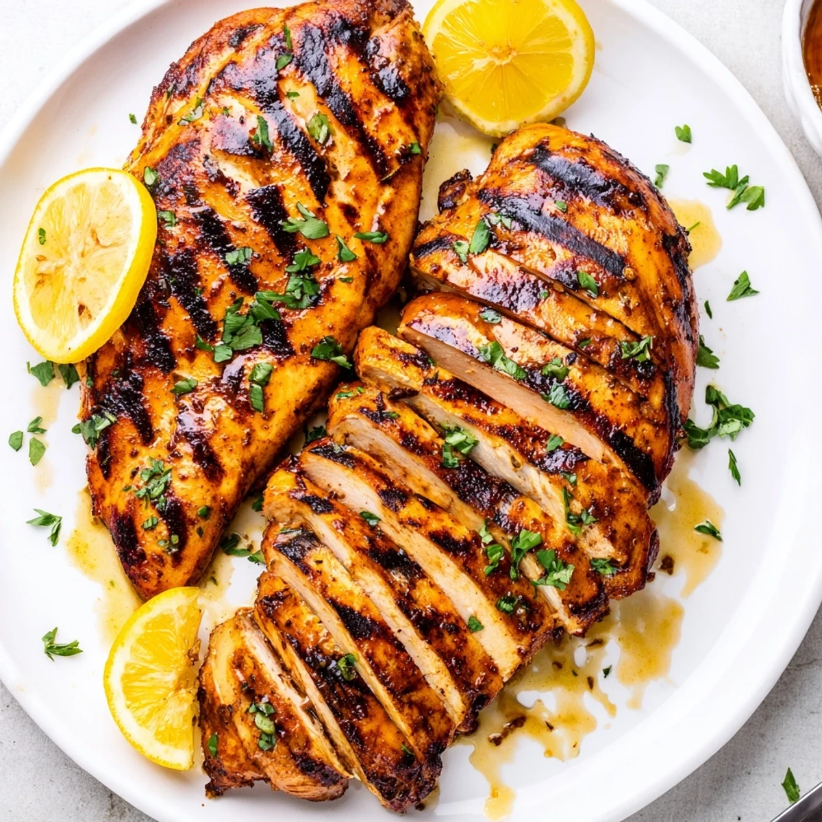 Smoky Grilled Chicken resting on plate, garnished with parsley and lemon