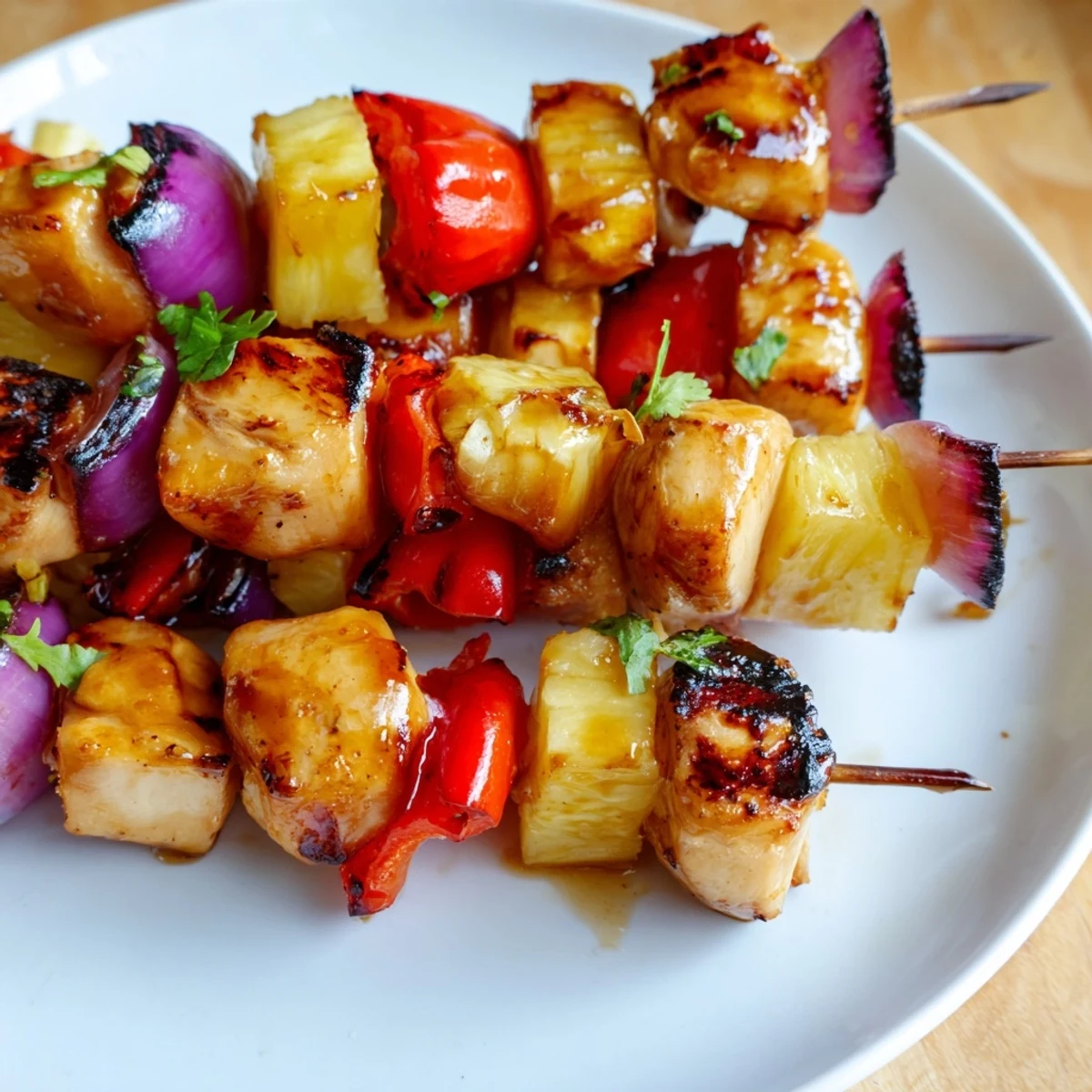 Grilled Pineapple Chicken Kabobs sizzling with charred edges and juicy chicken.
