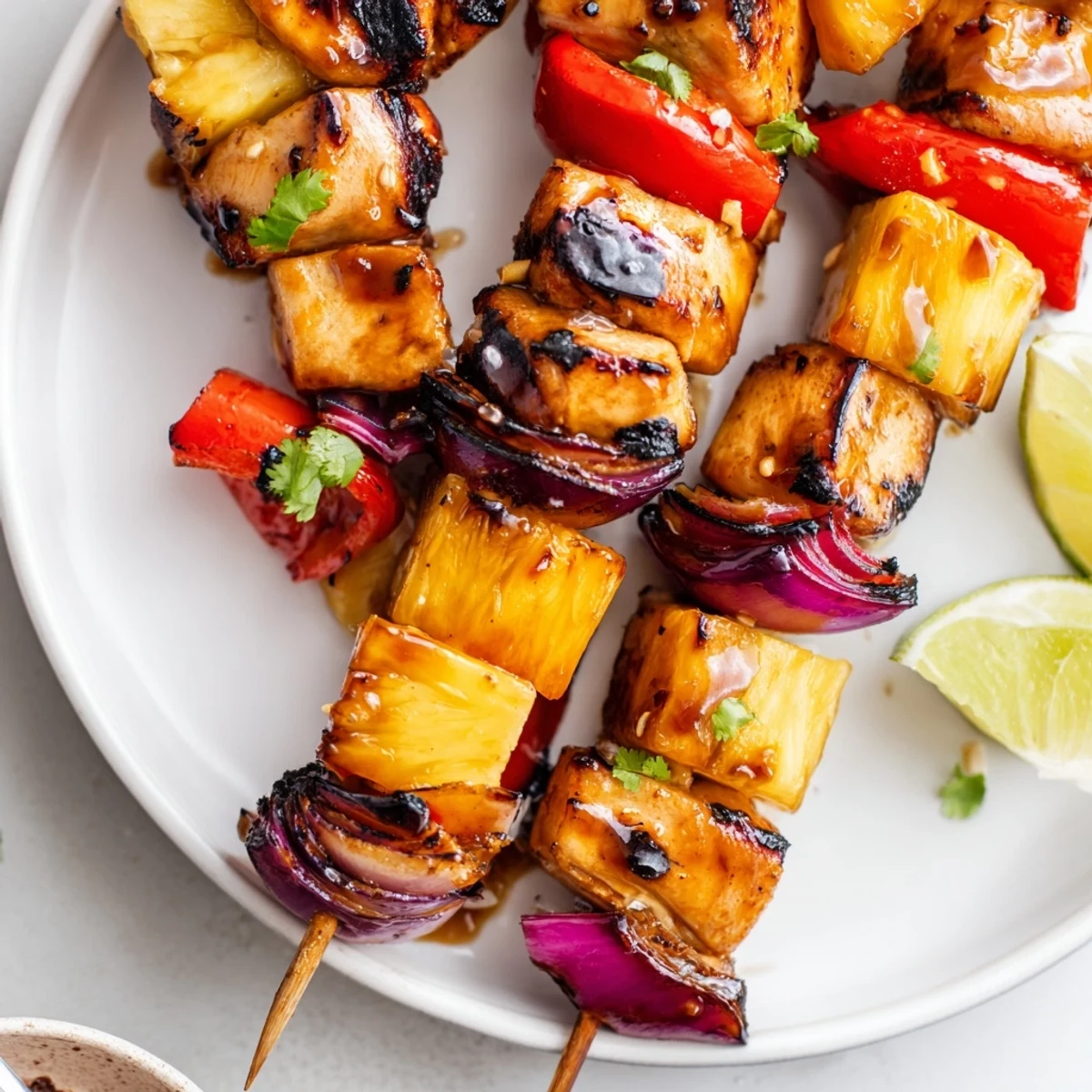 Skewered Grilled Pineapple Chicken Kabobs marinated in lime, honey, and smoky char.