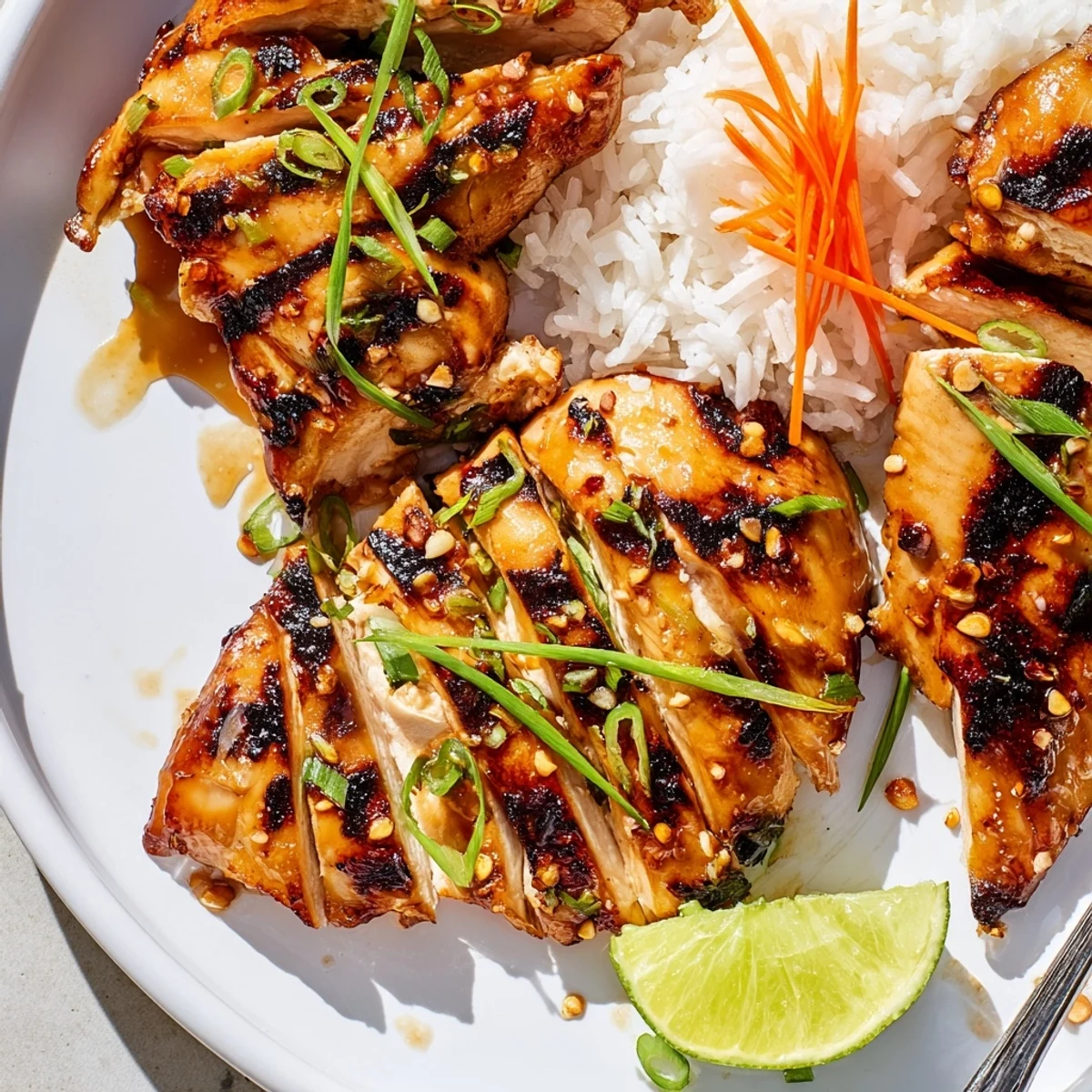 A plate of Grilled Vietnamese Chicken glistening with caramelized glaze, cilantro garnish