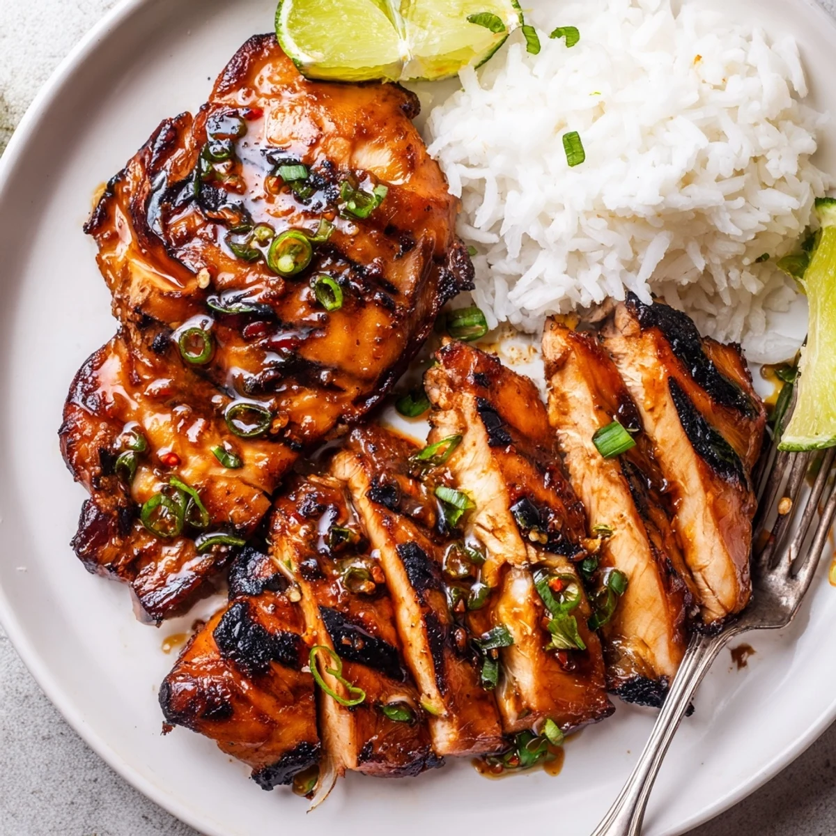 Juicy Grilled Vietnamese Chicken slices resting on steamed jasmine rice, lime