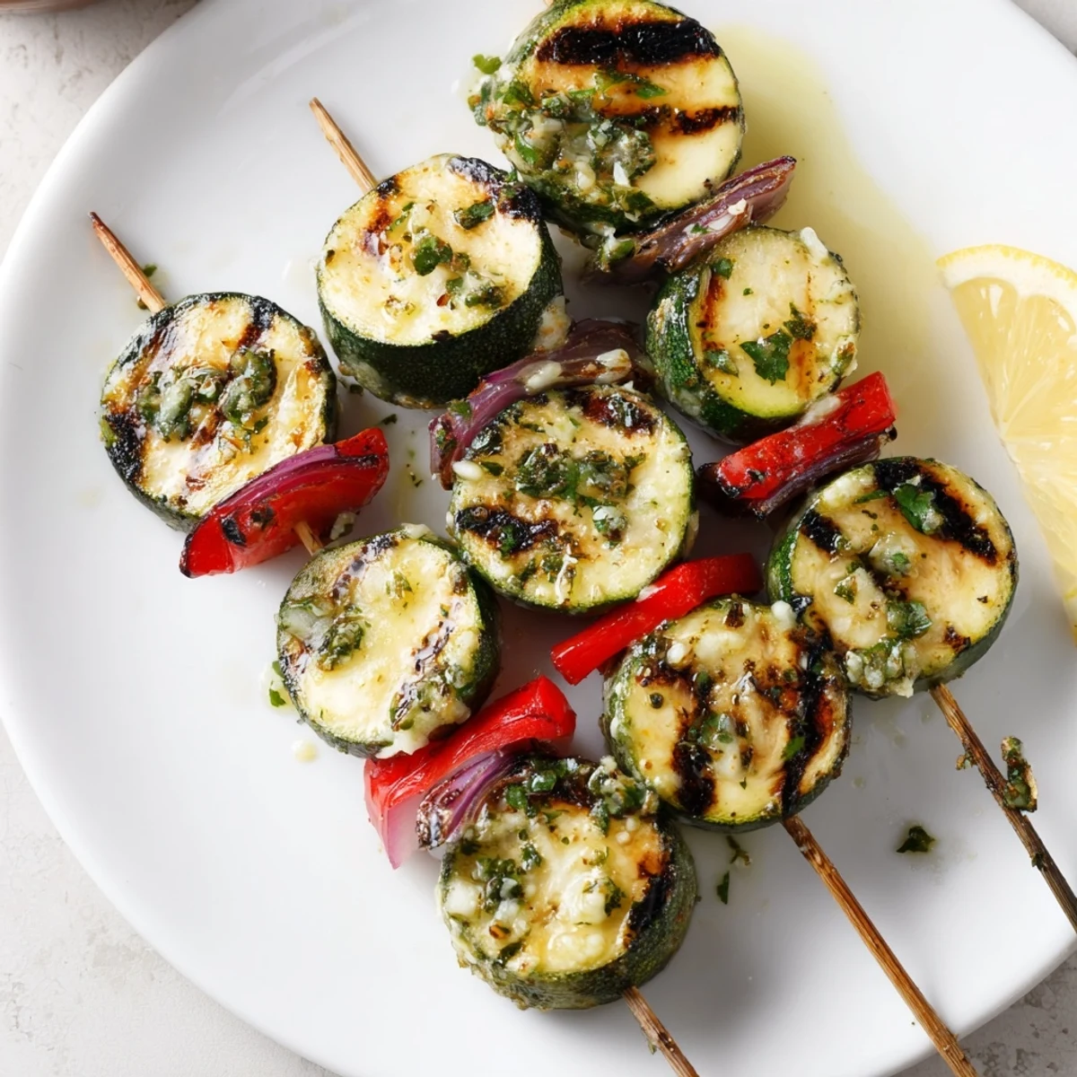 Grilled Garlic Butter Zucchini Skewers glistening with herb butter, charred edges