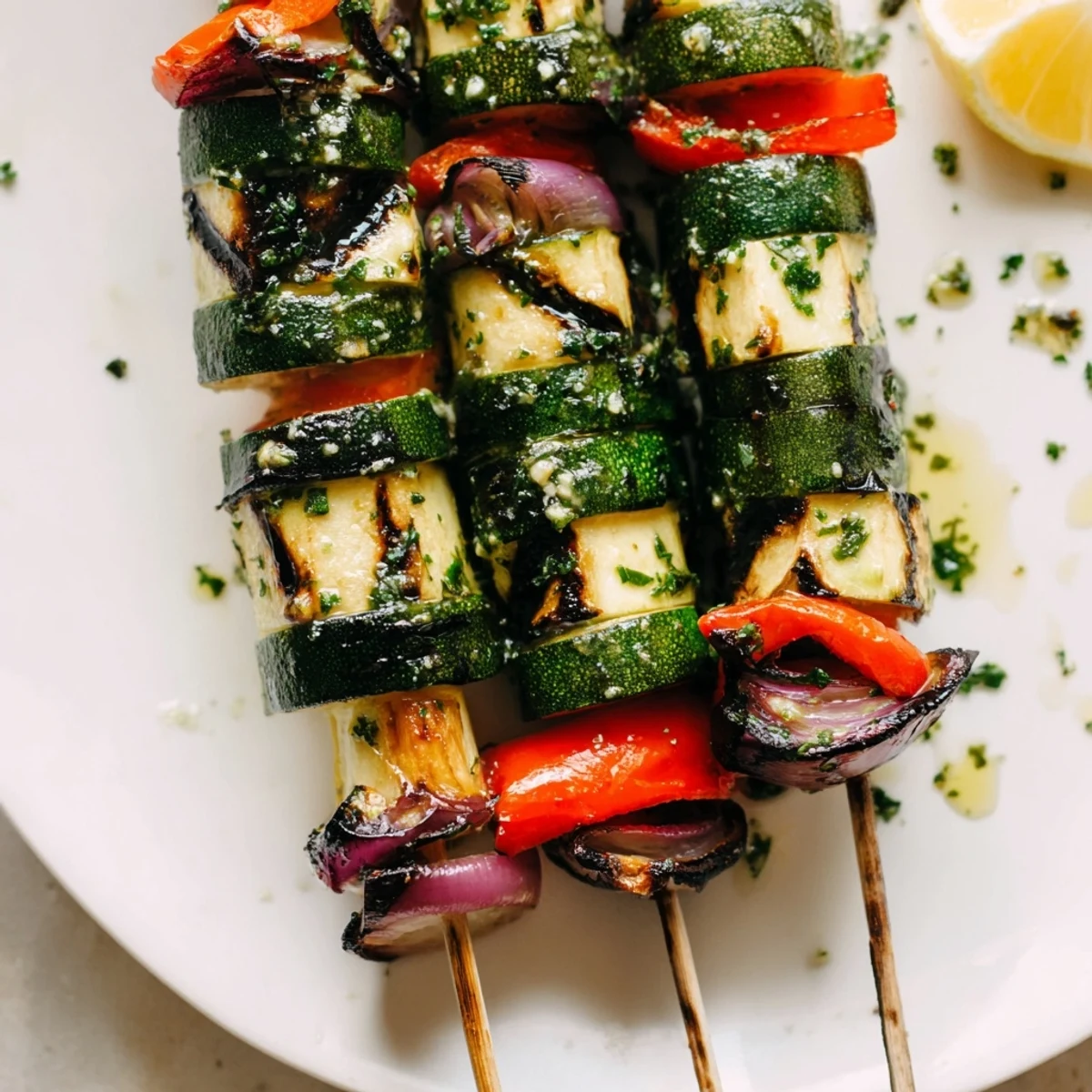 Garlic Butter Zucchini Skewers brushed hot off the grill, sprinkled with lemon zest