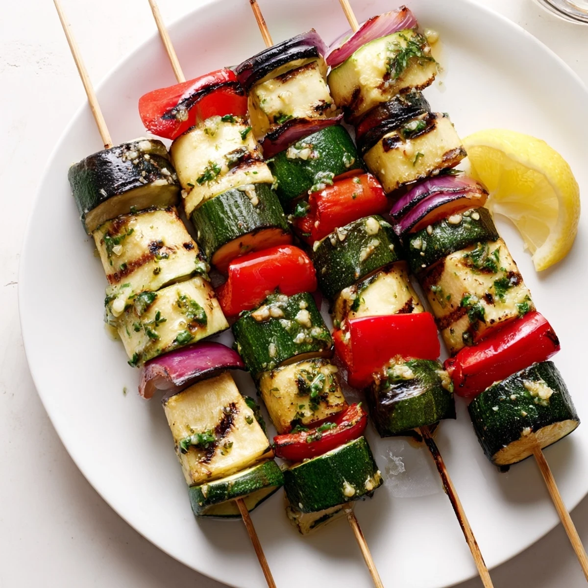 Charred Garlic Butter Zucchini Skewers threaded with peppers, aromatic and ready to serve