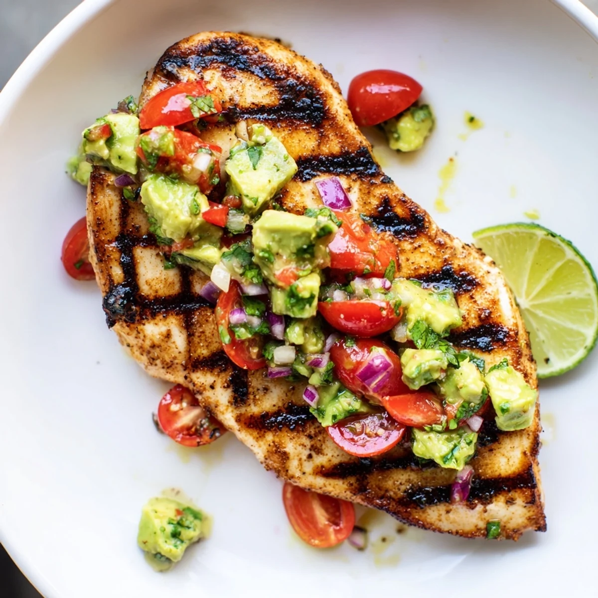 Juicy Grilled California Avocado Chicken sizzling on grill, topped with creamy avocado salsa