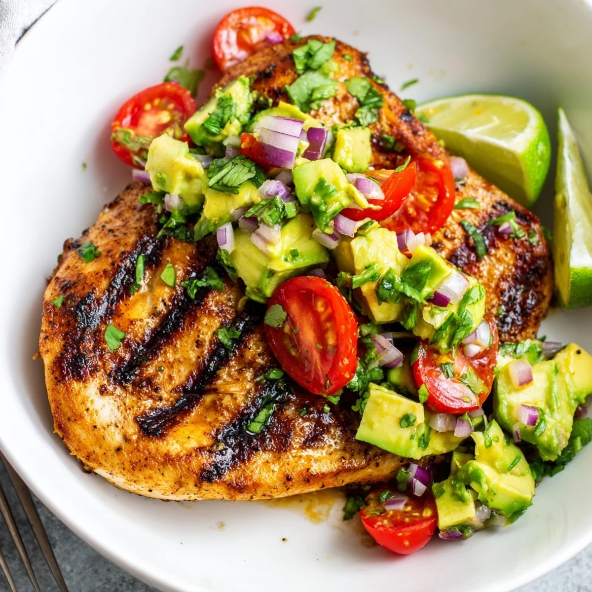 Plated Juicy Grilled California Avocado Chicken with lime, charred edges, bright tomatoes