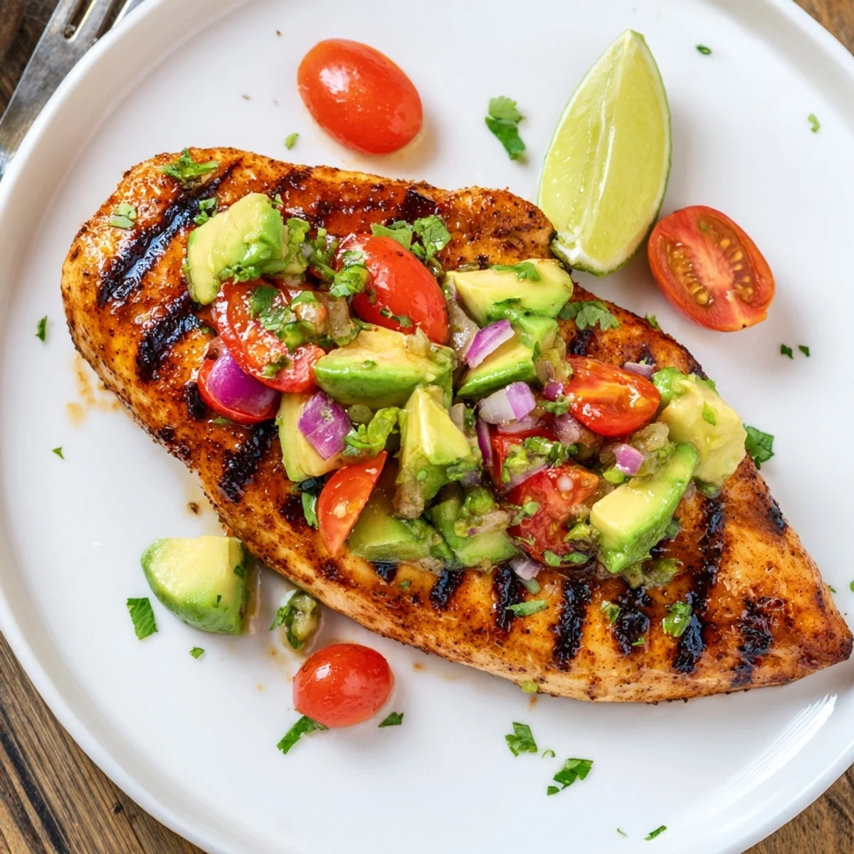 Family-style Juicy Grilled California Avocado Chicken served with grilled corn and cilantro
