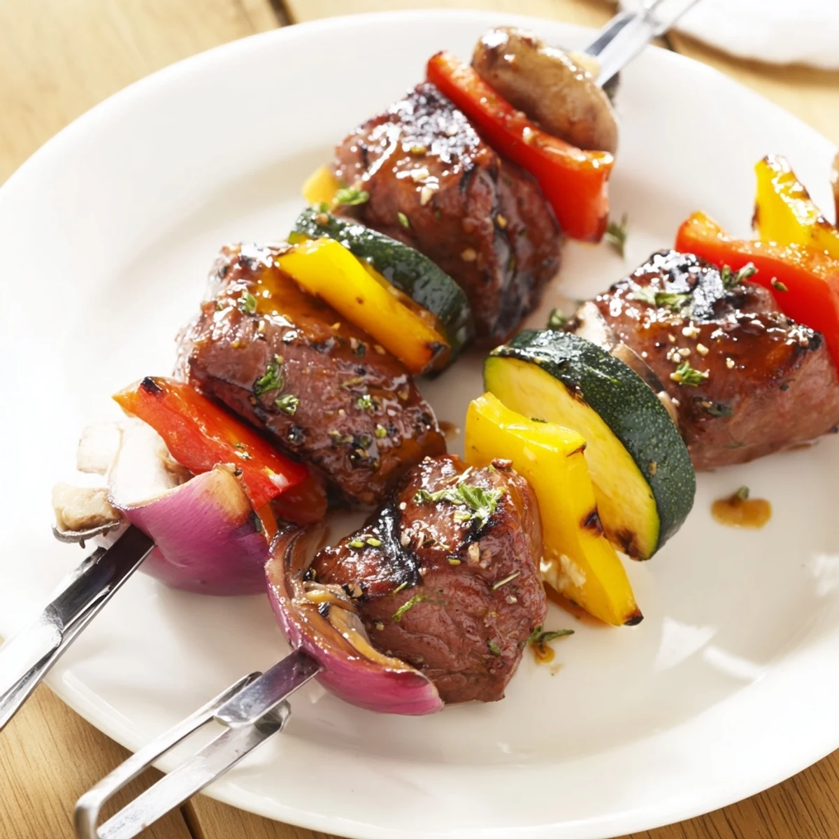 Marinated Steak Kabobs resting on wooden skewers, vibrant vegetables glistening  