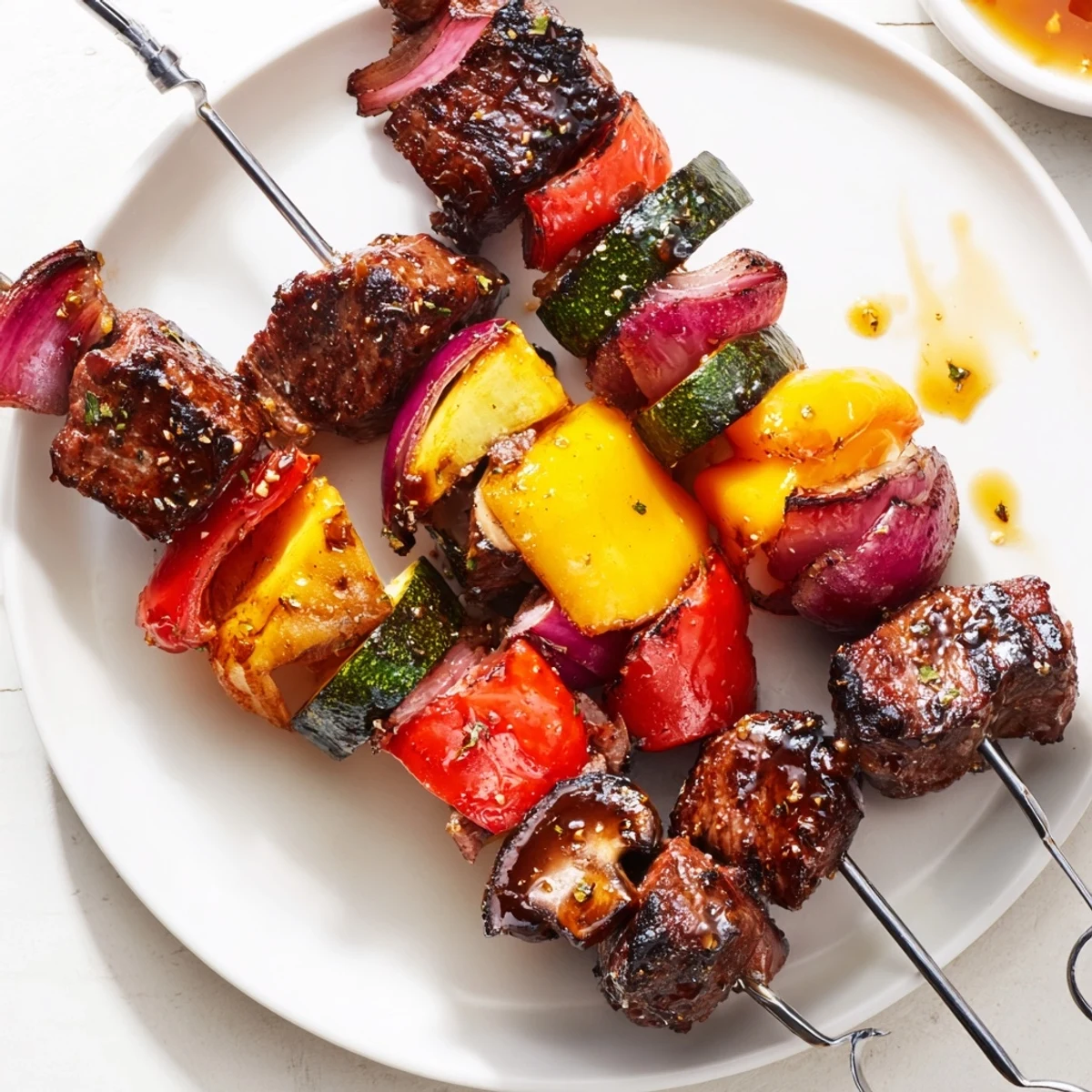Steak Kabobs grilled to juicy perfection with charred peppers and onions  