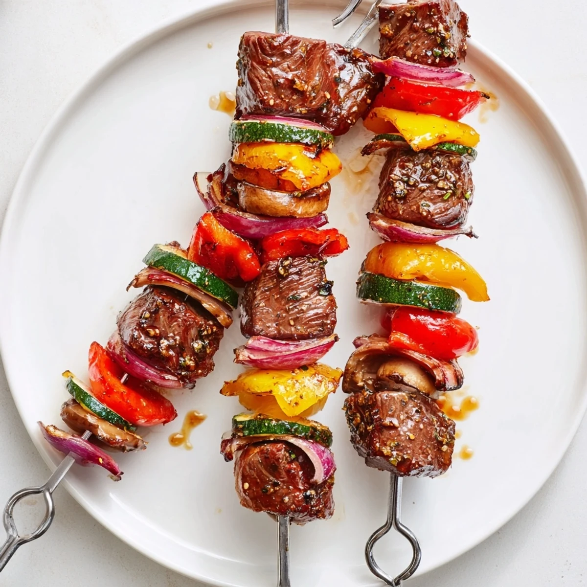 Family-style Steak Kabobs served over rice, smoky aroma and tender beef