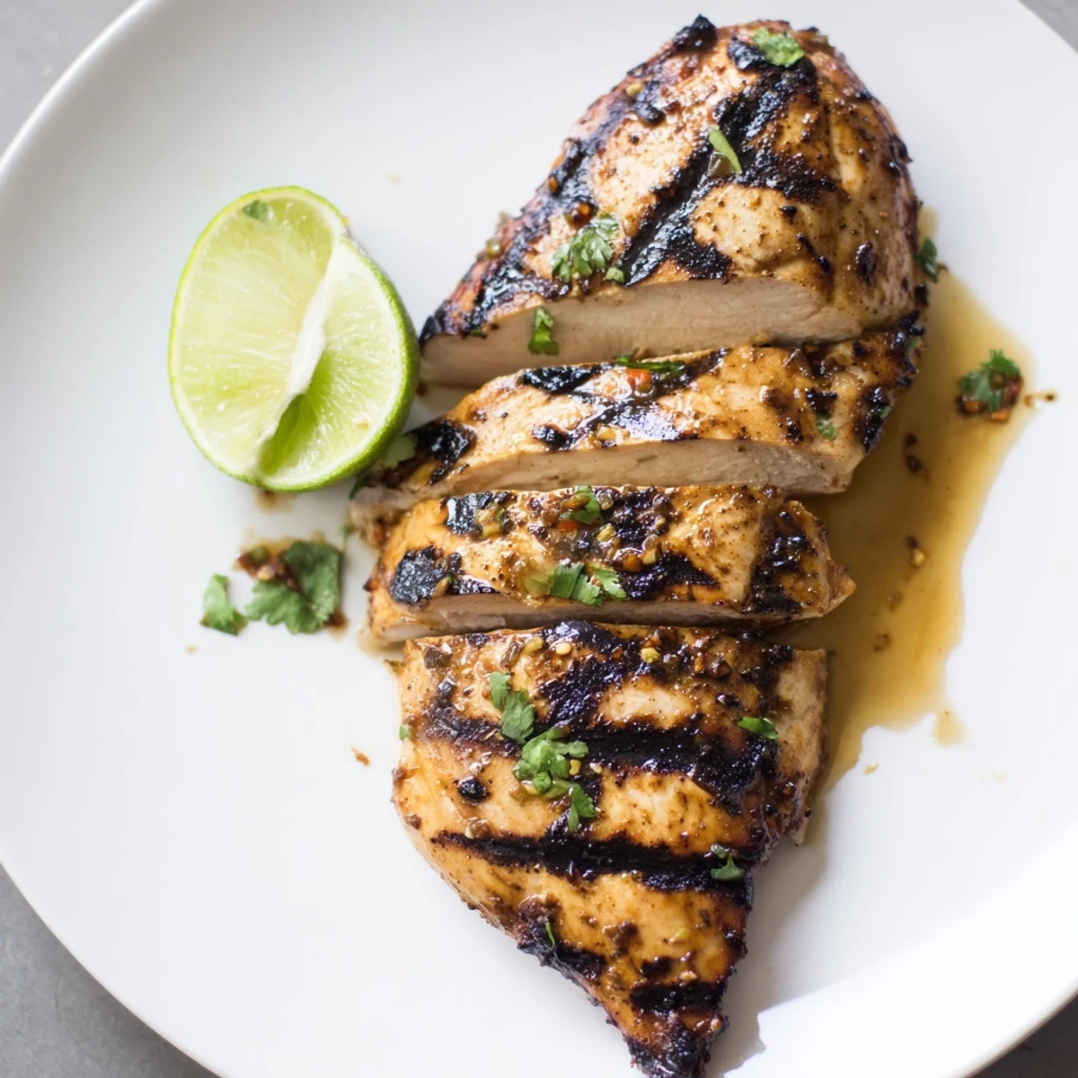 Key West Grilled Chicken sizzling on a hot grill, lime wedges nearby