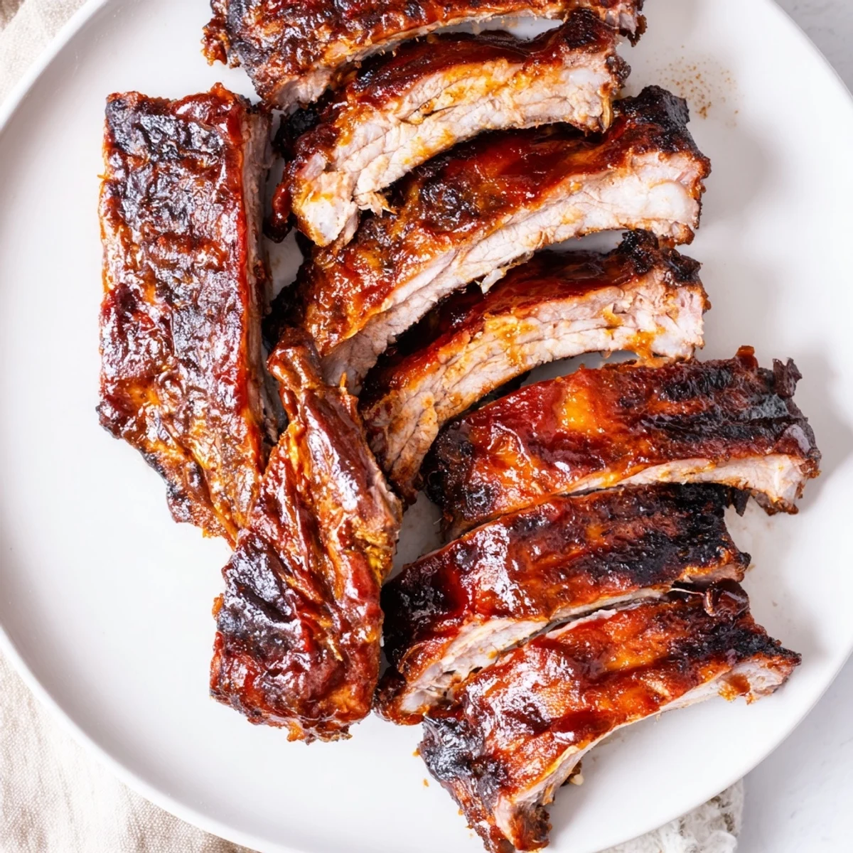 Grilled Ribs glistening with sticky barbecue glaze, charred edges and smoky aroma