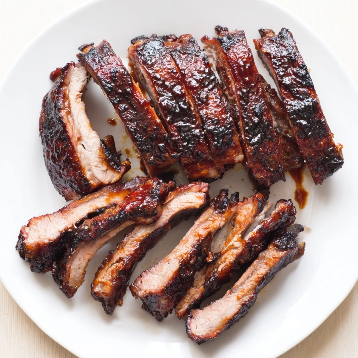 Sliced Grilled Ribs resting on board, tender meat, tangy sauce and coleslaw