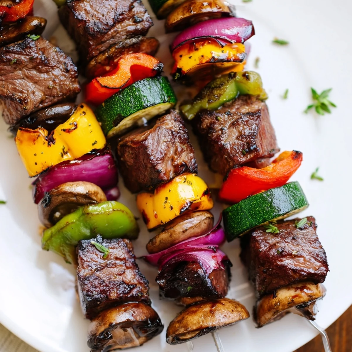 Grilled Steak Kabobs sizzling with charred peppers and garlicky marinade