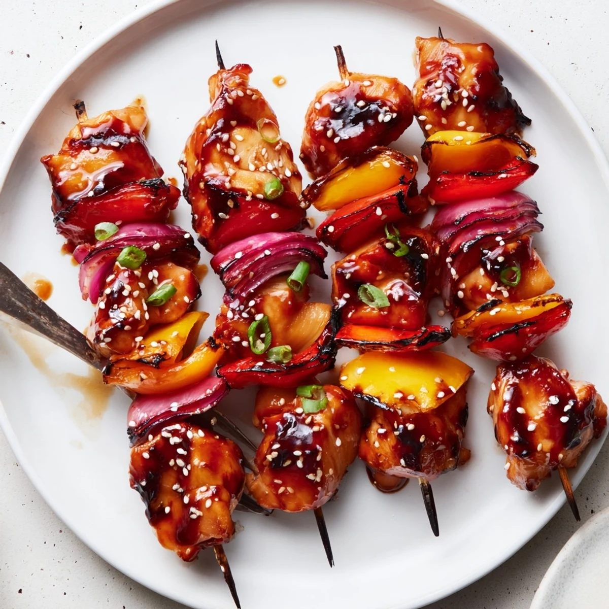 Grilled Chicken Skewers With Korean BBQ Sauce brushed glossy, served with steamed rice.