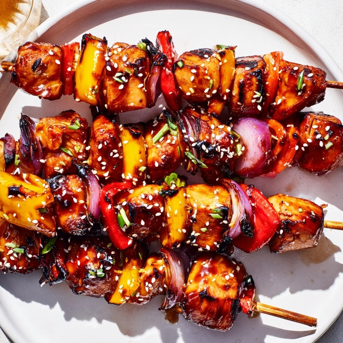 Charred, juicy Chicken Skewers With Korean BBQ Sauce on a platter, sesame-sprinkled.