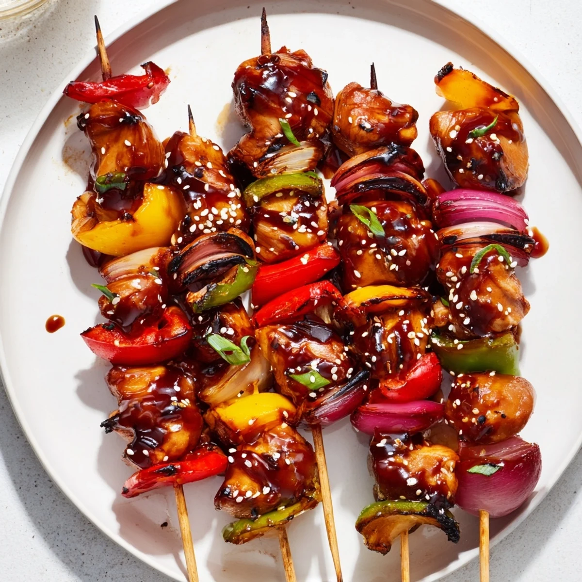 Weeknight-friendly Chicken Skewers With Korean BBQ Sauce threaded with peppers and onions.