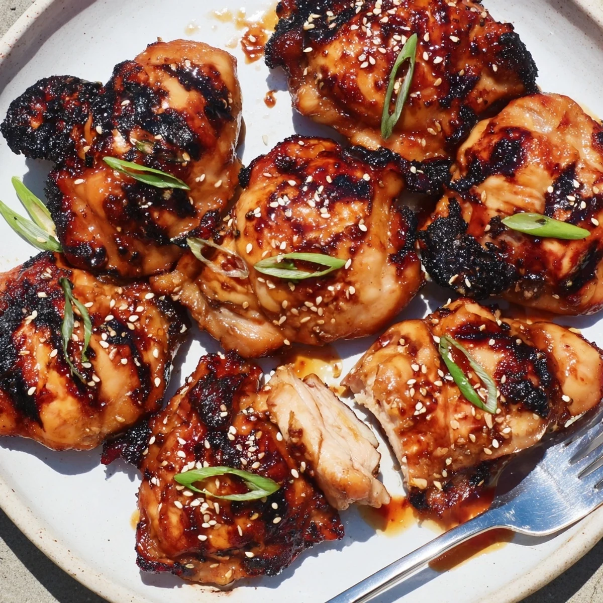 Grilled Japanese BBQ Chicken Thighs glistening with sticky sauce, sesame, scallions