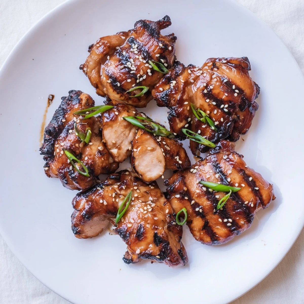 Japanese BBQ Chicken Thighs on platter over steamed rice, charred edges