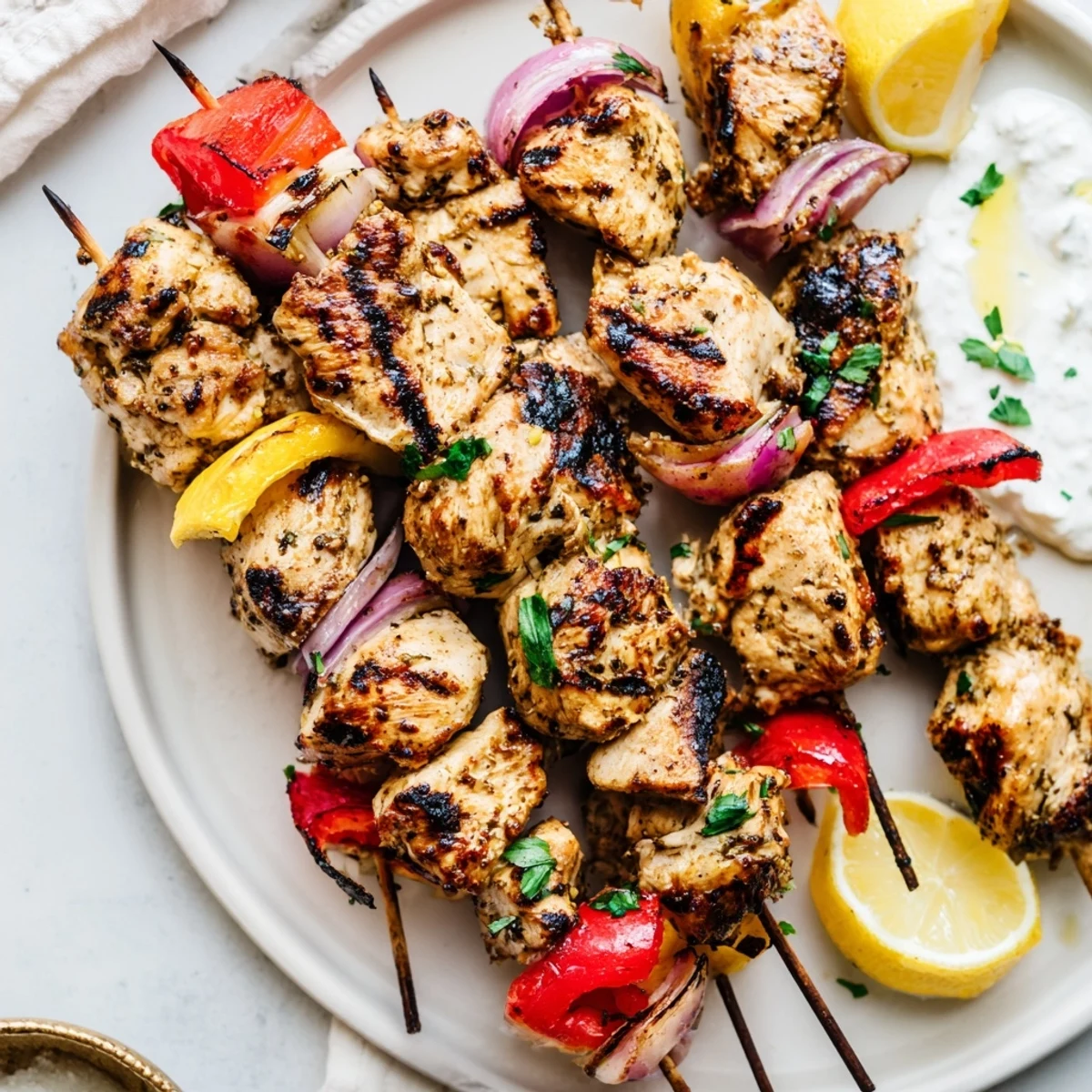 Plated Greek Marinated Chicken Kabobs garnished with parsley, tzatziki, and lemon wedges