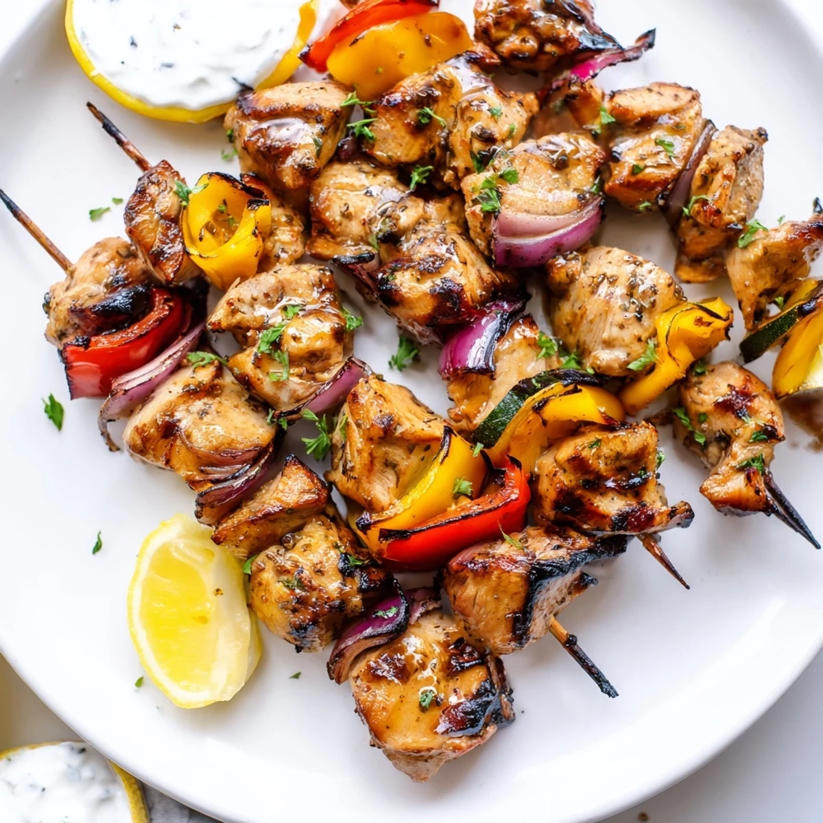 Greek Marinated Chicken Kabobs sizzling on grill with charred vegetables and lemon