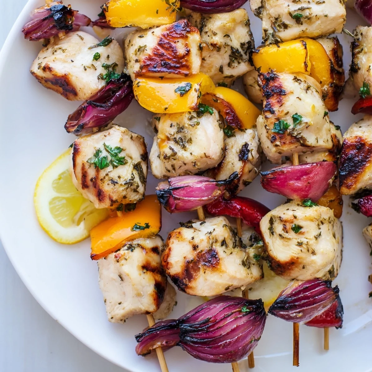 Juicy Greek Marinated Chicken Kabobs threaded with colorful peppers and onions, steaming