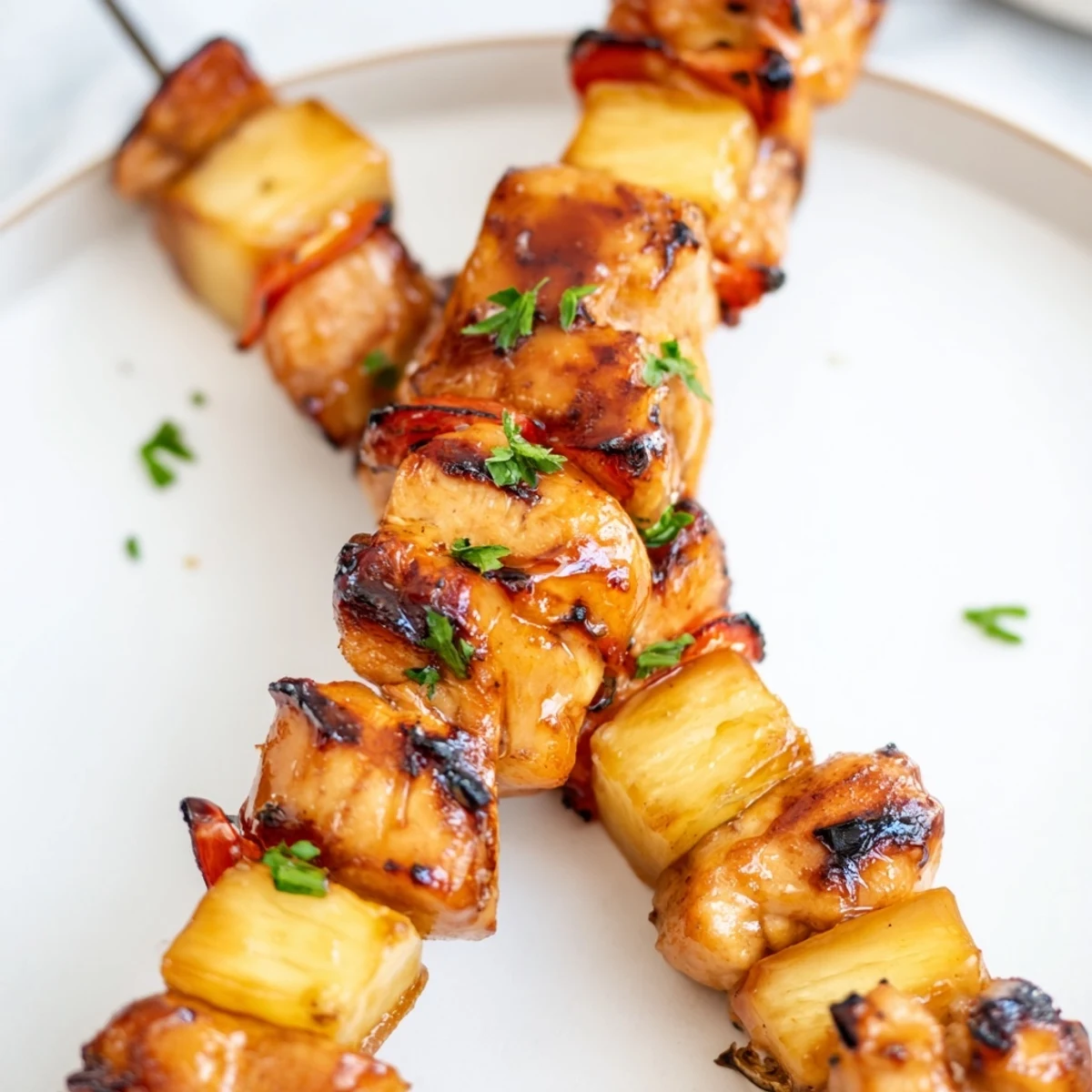 Grilled Chicken Kabobs With Pineapple And Zucchini sizzling with charred edges, served hot