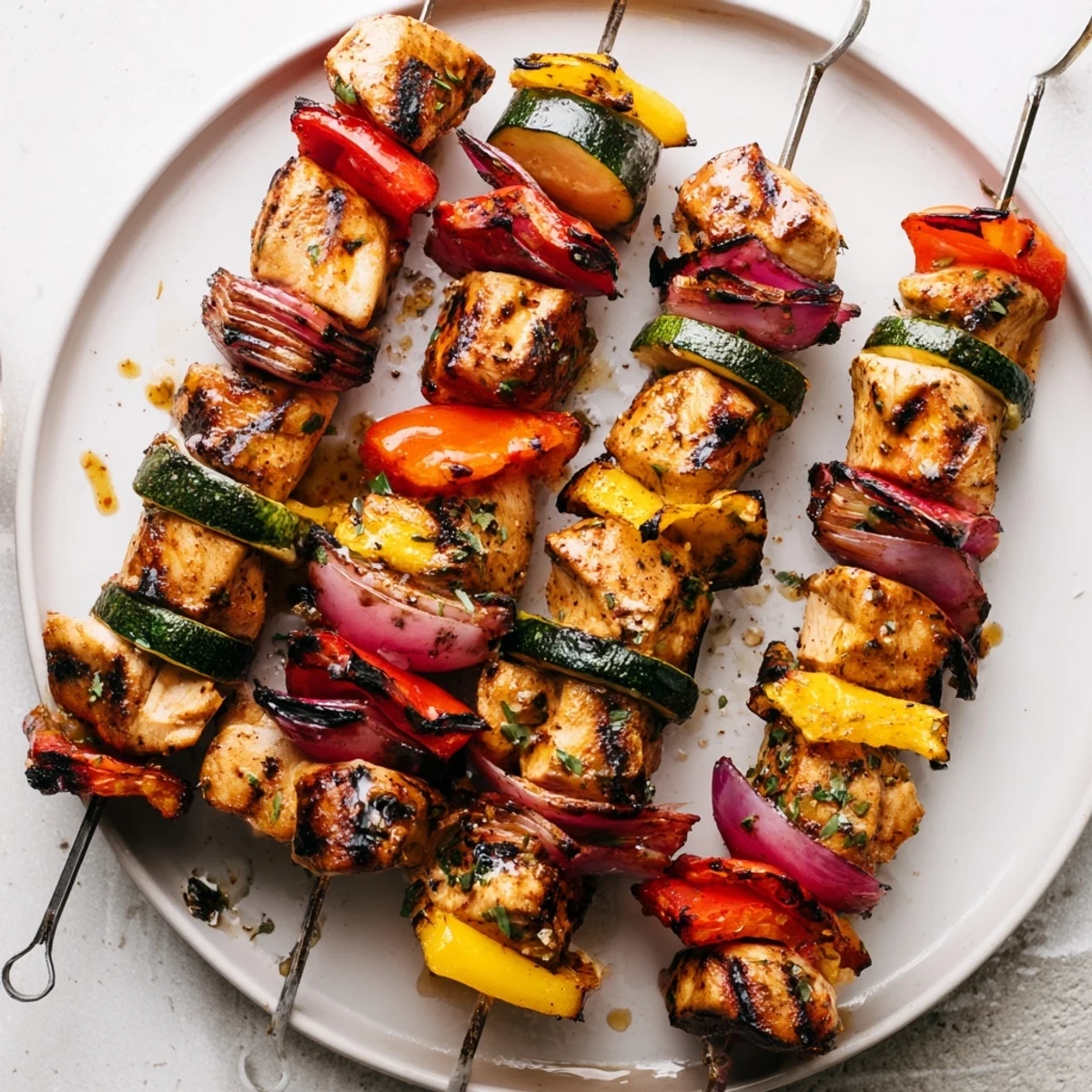 Chicken Kabobs On The Grill sizzling with charred vegetables, lemon-marinated chicken pieces
