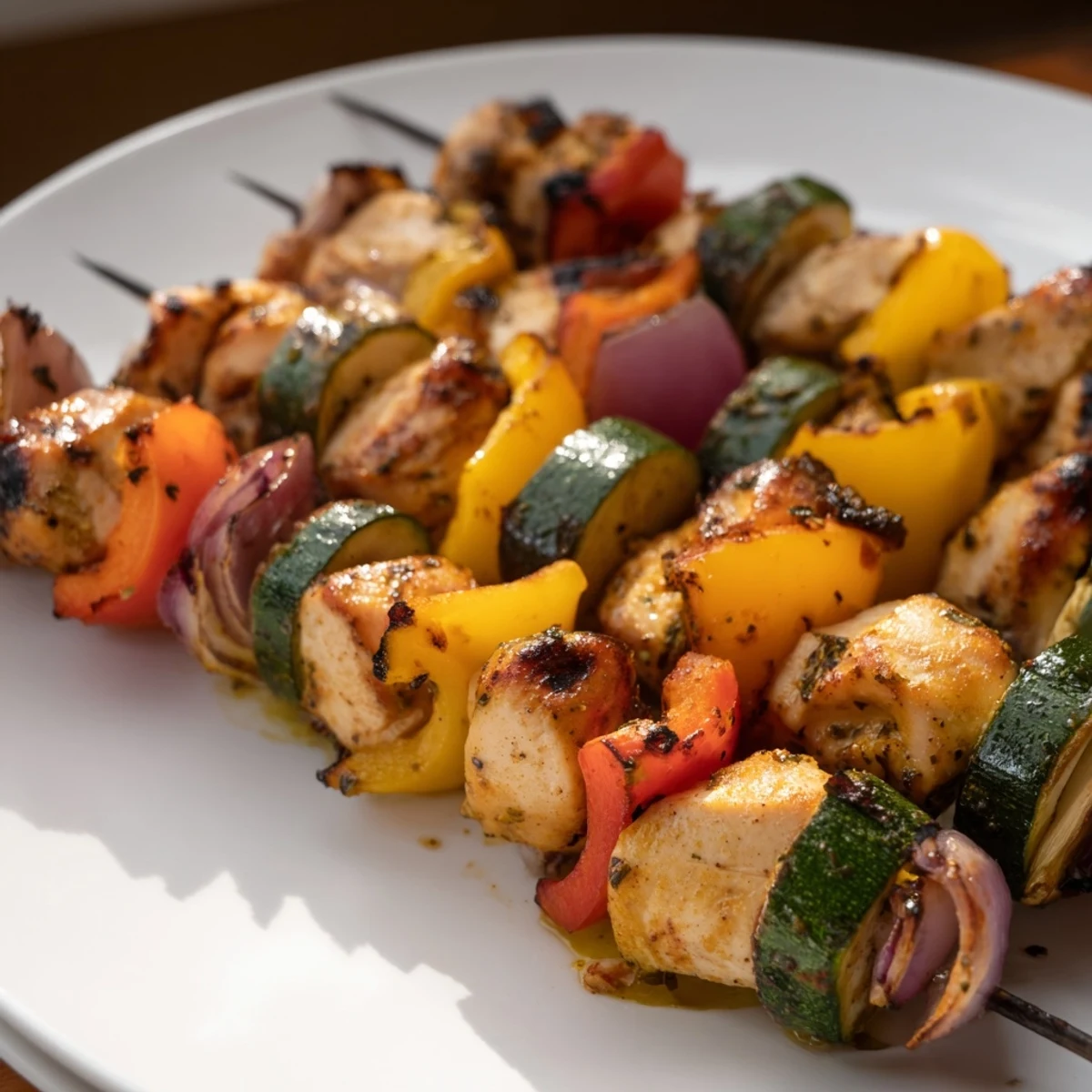 Smoky Chicken Kabobs On The Grill resting on skewers, ready to serve