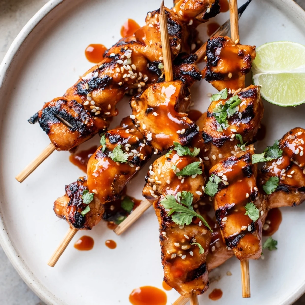 Smoky Grilled Bang Bang Chicken Skewers topped with cilantro, sesame, lime wedges