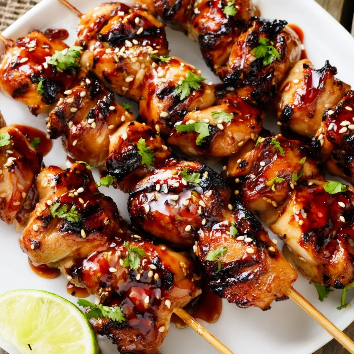 Grilled Bang Bang Chicken Skewers glisten with creamy spicy sauce and charred edges