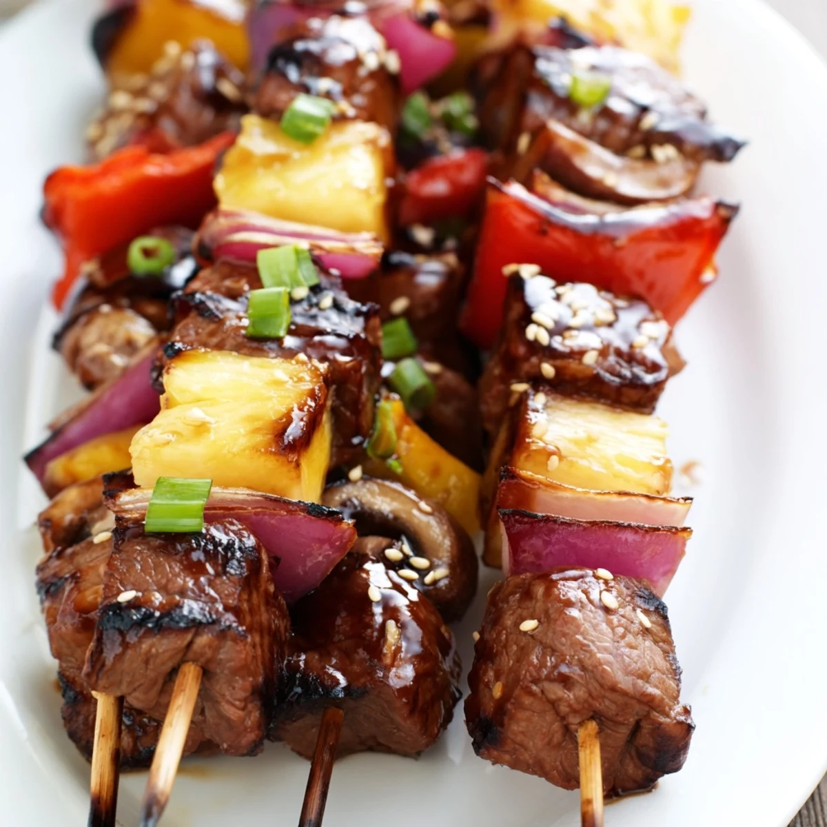 Grilled Teriyaki Steak Kabobs glisten with caramelized edges, skewered vegetables steaming