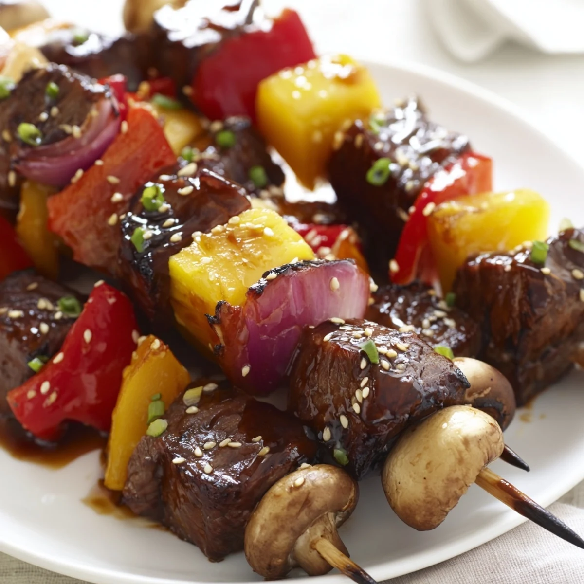 Family-style Grilled Teriyaki Steak Kabobs brushed with reserved marinade, served sizzling
