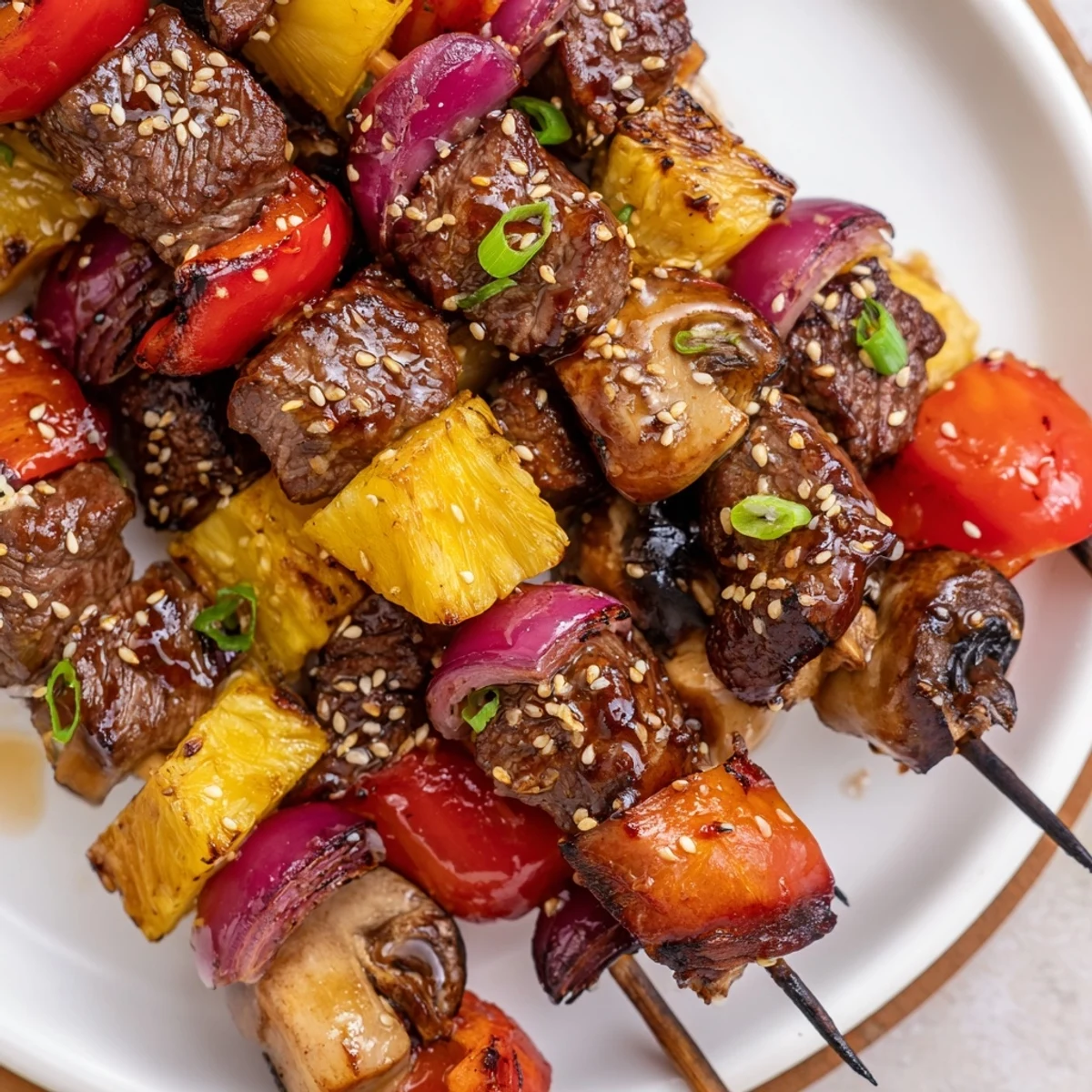 Charred bell peppers and juicy meat on Grilled Teriyaki Steak Kabobs, plated