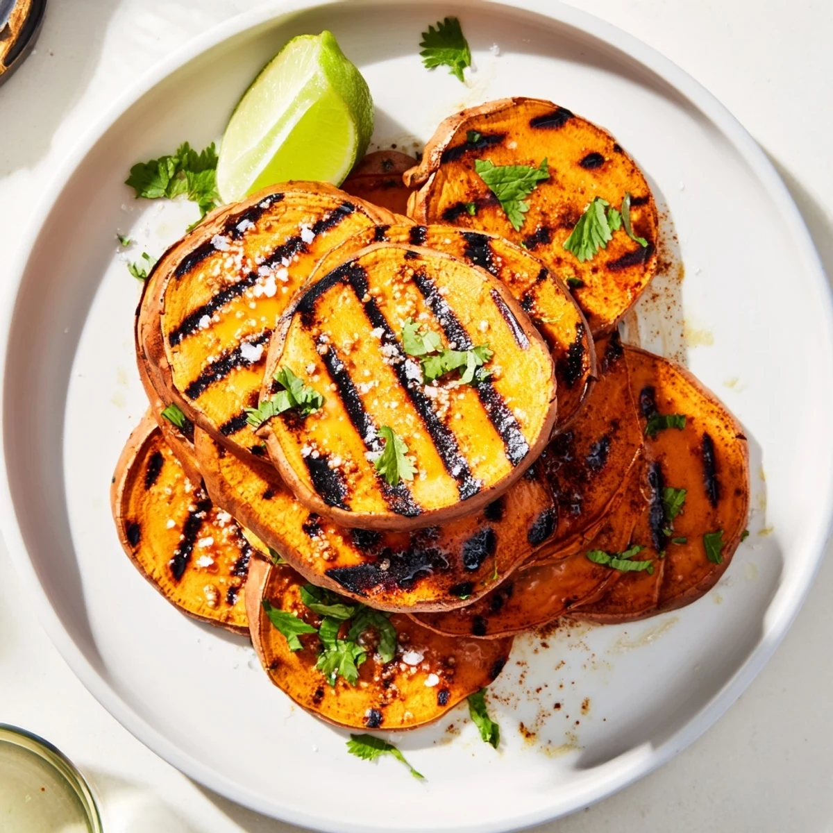 Warm Grilled Sweet Potatoes Simple Smoky Summer Side plated with lime wedges.