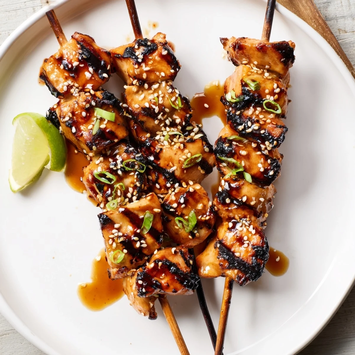 Grilled Asian Chicken Skewers With Honey Garlic Sauce, charred edges glistening, sesame seeds