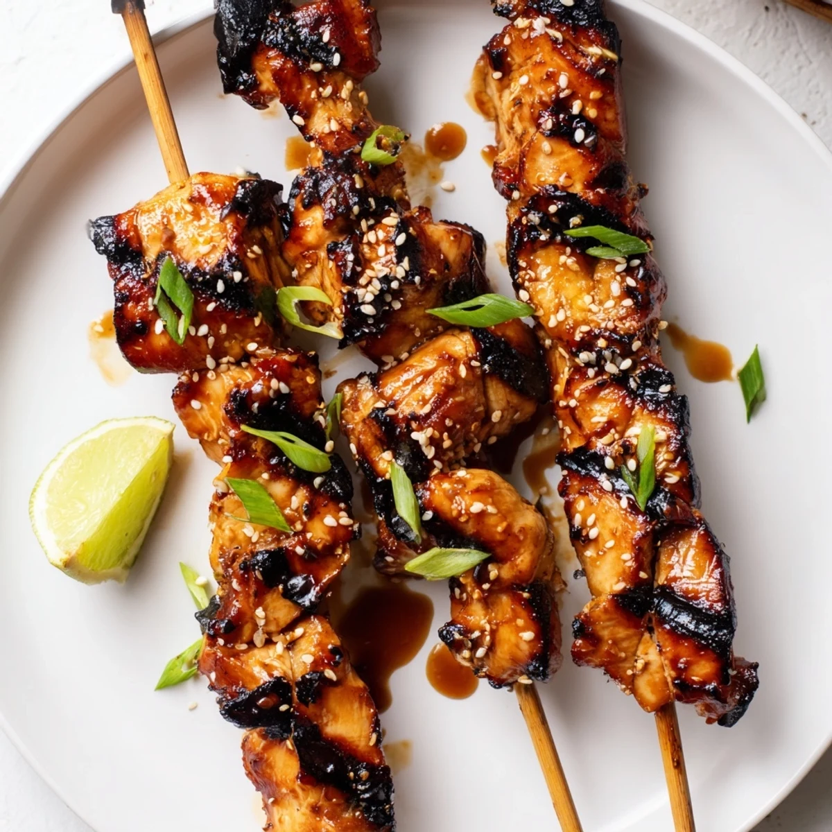 Grilled Asian Chicken Skewers With Honey Garlic Sauce served over jasmine rice, bright lime