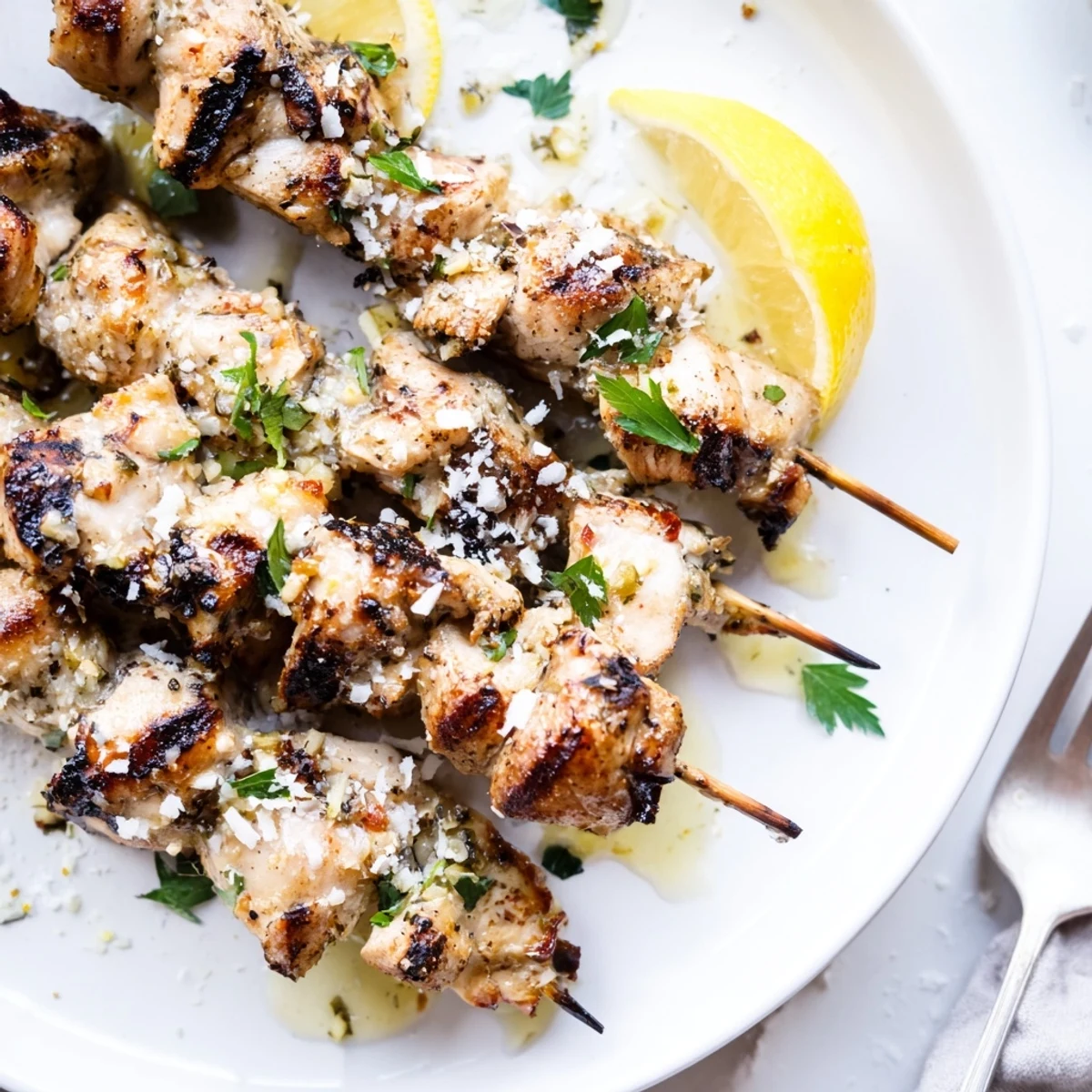 Close-up of Savory Garlic Parmesan Chicken Skewers sizzling with charred edges