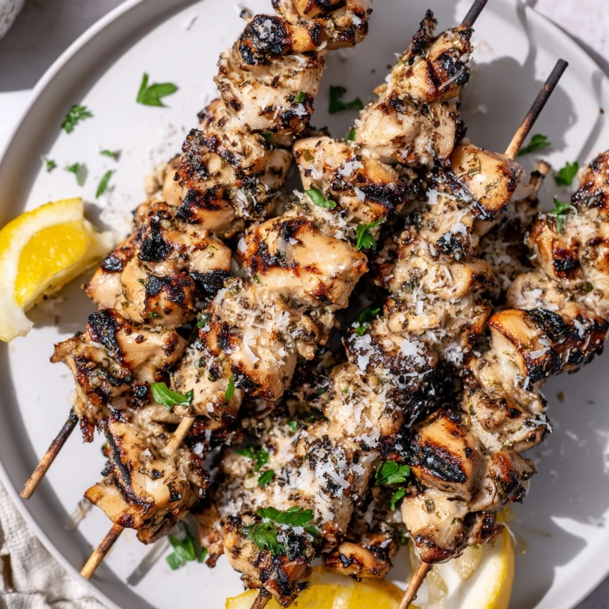 Grilled Savory Garlic Parmesan Chicken Skewers glazed, juicy interior, parsley sprinkled for serving