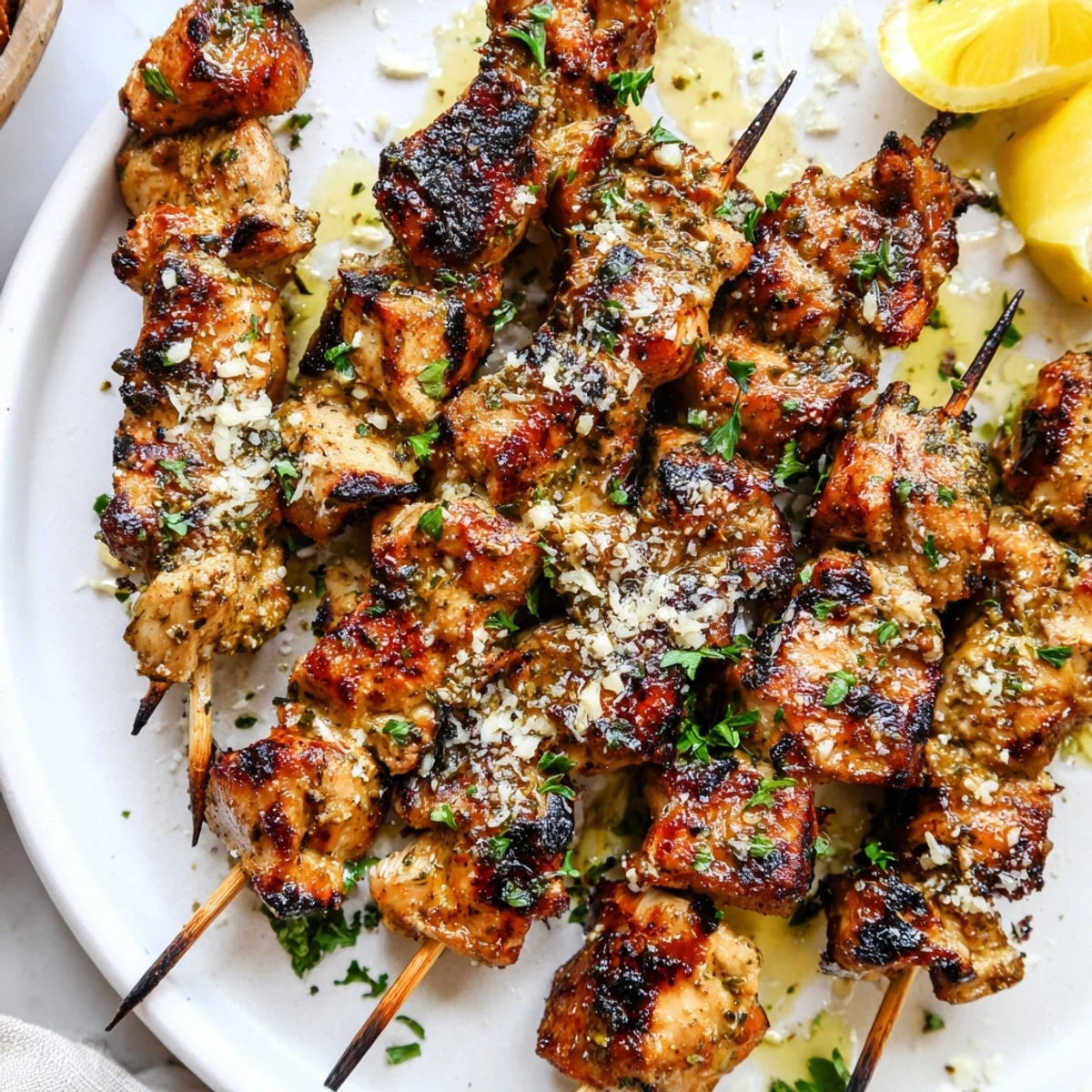 Savory Garlic Parmesan Chicken Skewers stacked on platter with lemon wedges and parsley