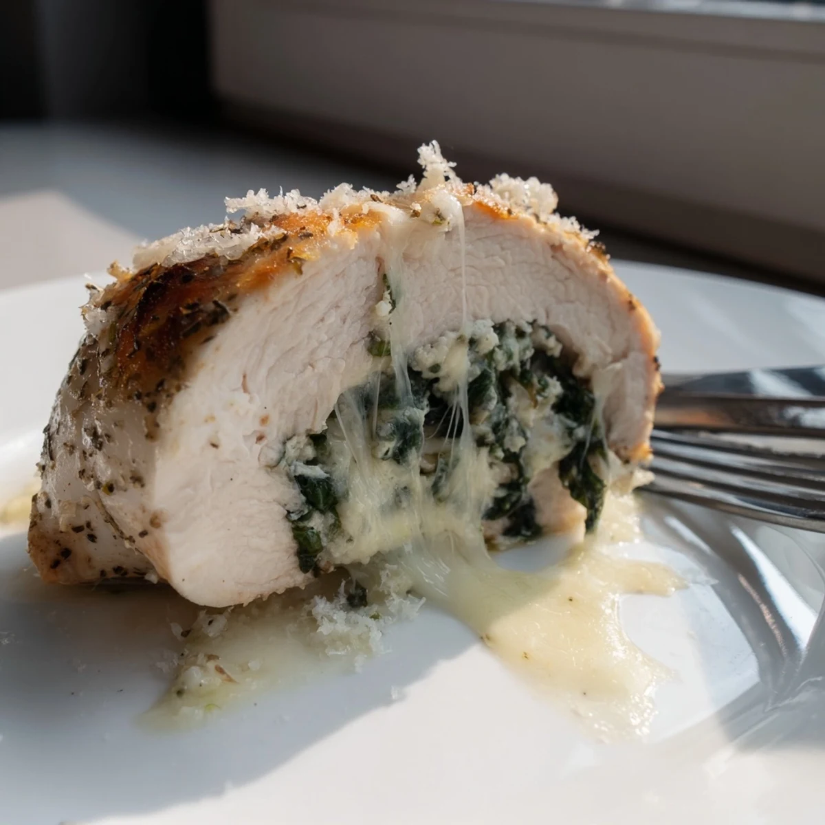 Searing and baking Spinach Ricotta Chicken yields juicy breasts and creamy center  