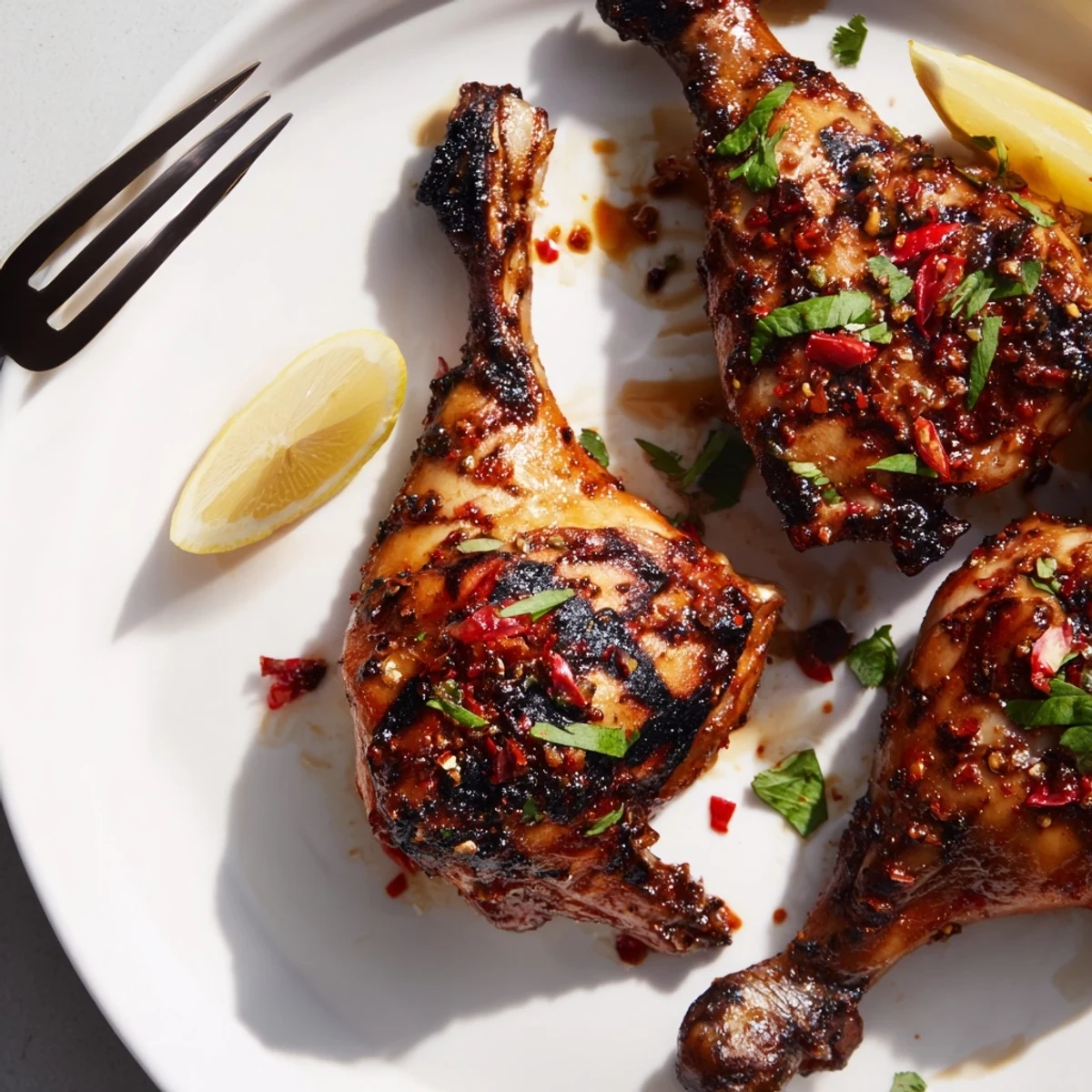 Peri Peri Chicken with charred crispy skin, zesty lemon wedges, garlic aroma