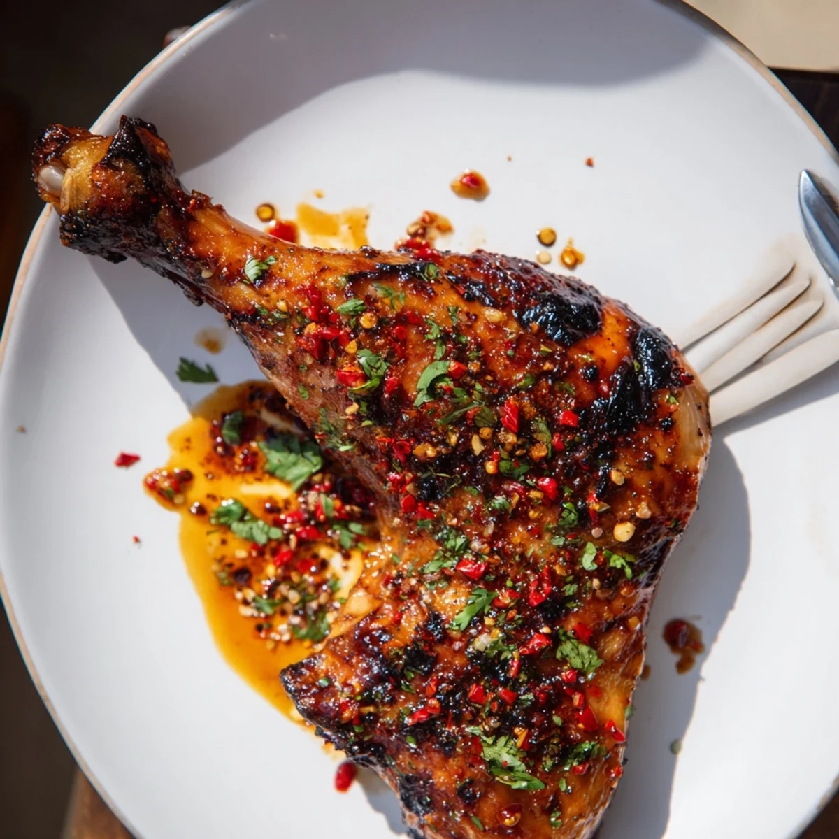 Grilled Peri Peri Chicken resting on foil, bright cilantro garnish, steaming