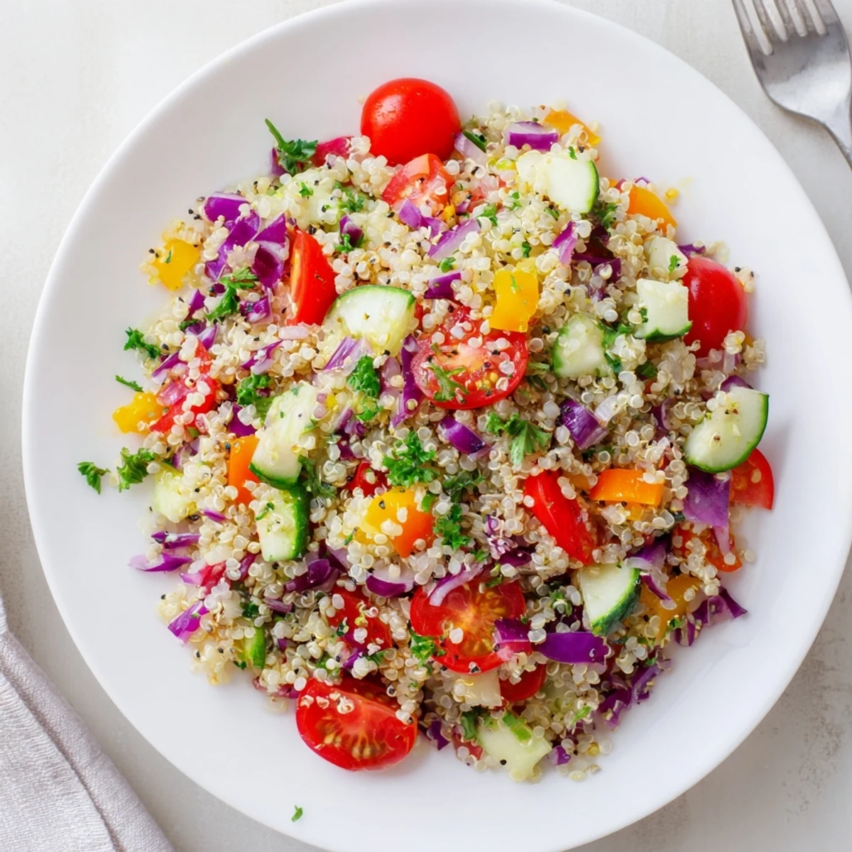 Chilled Rainbow Quinoa Salad With Lemon Dressing, crisp peppers, tomatoes, and parsley