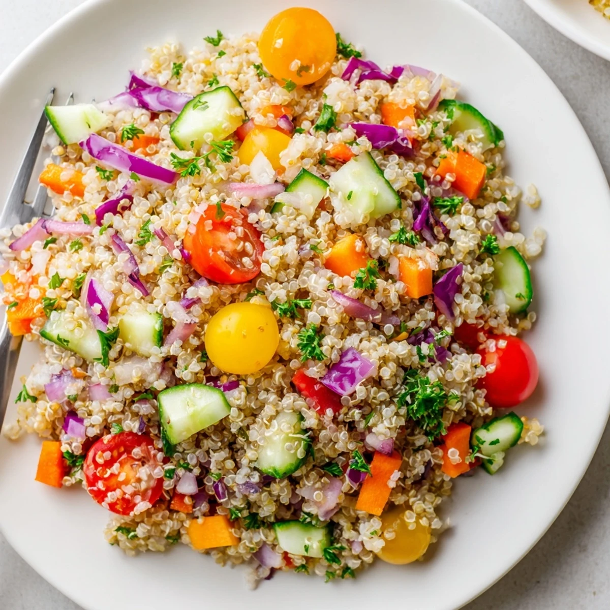 Rainbow Quinoa Salad With Lemon Dressing glistening with citrus, colorful veggies, fluffy quinoa