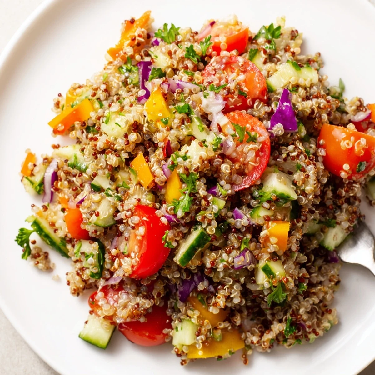 Family-style Rainbow Quinoa Salad With Lemon Dressing served alongside grilled chicken