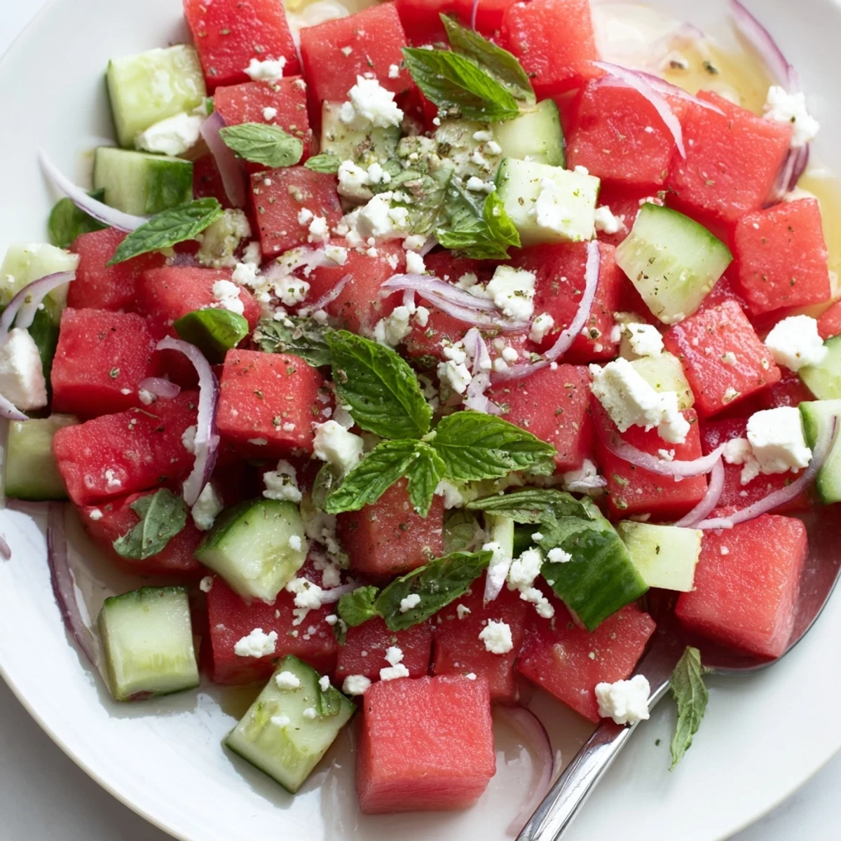 Bright Watermelon Feta Salad Recipe tossed with crisp cucumber, lime, and herbs.