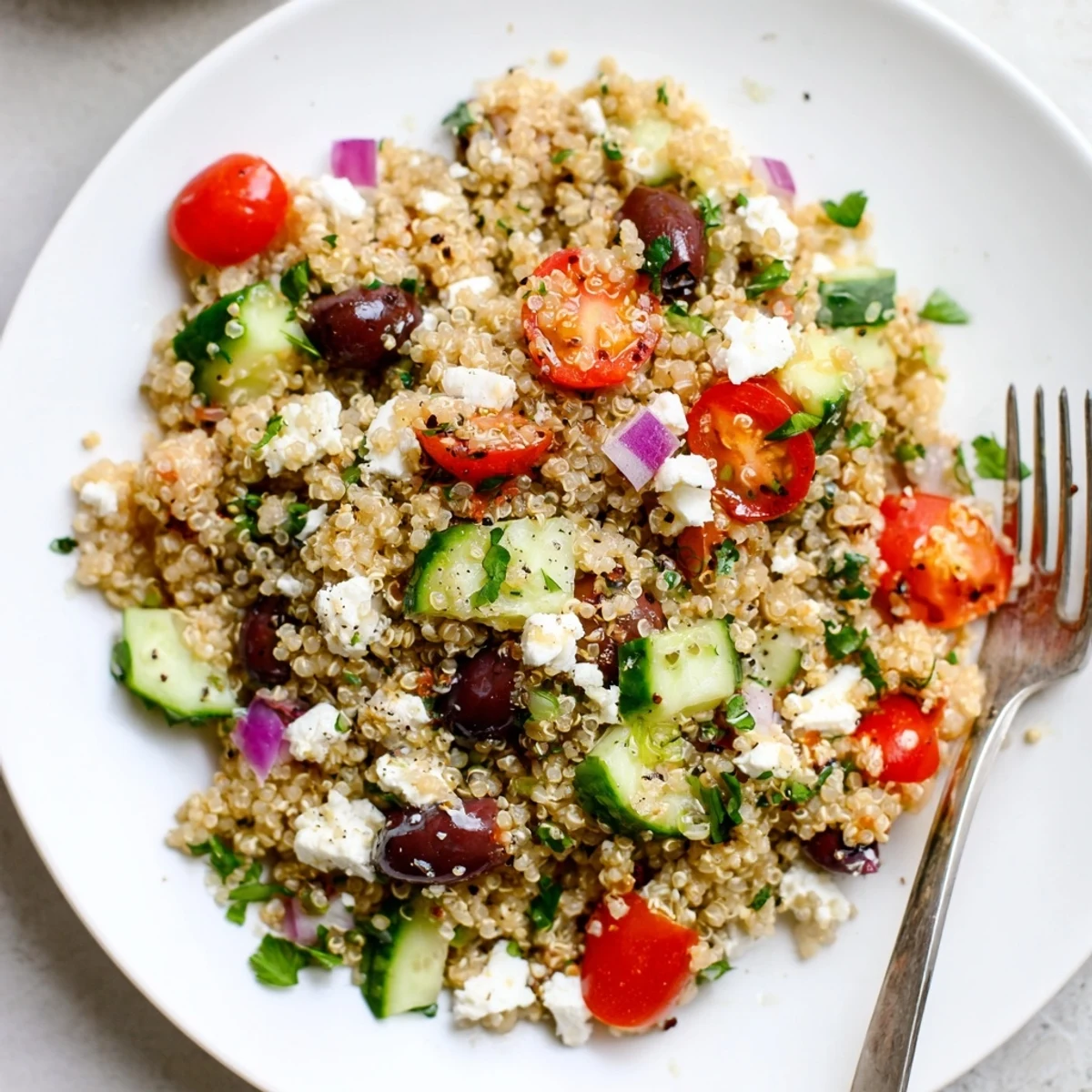 Greek Quinoa Salad with bright cherry tomatoes, cucumber, feta, lemon dressing